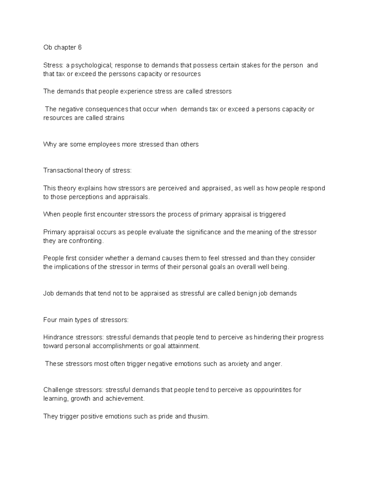 Ob Chapter 6 - Lecture - Ob Chapter 6 Stress: A Psychological; Response ...