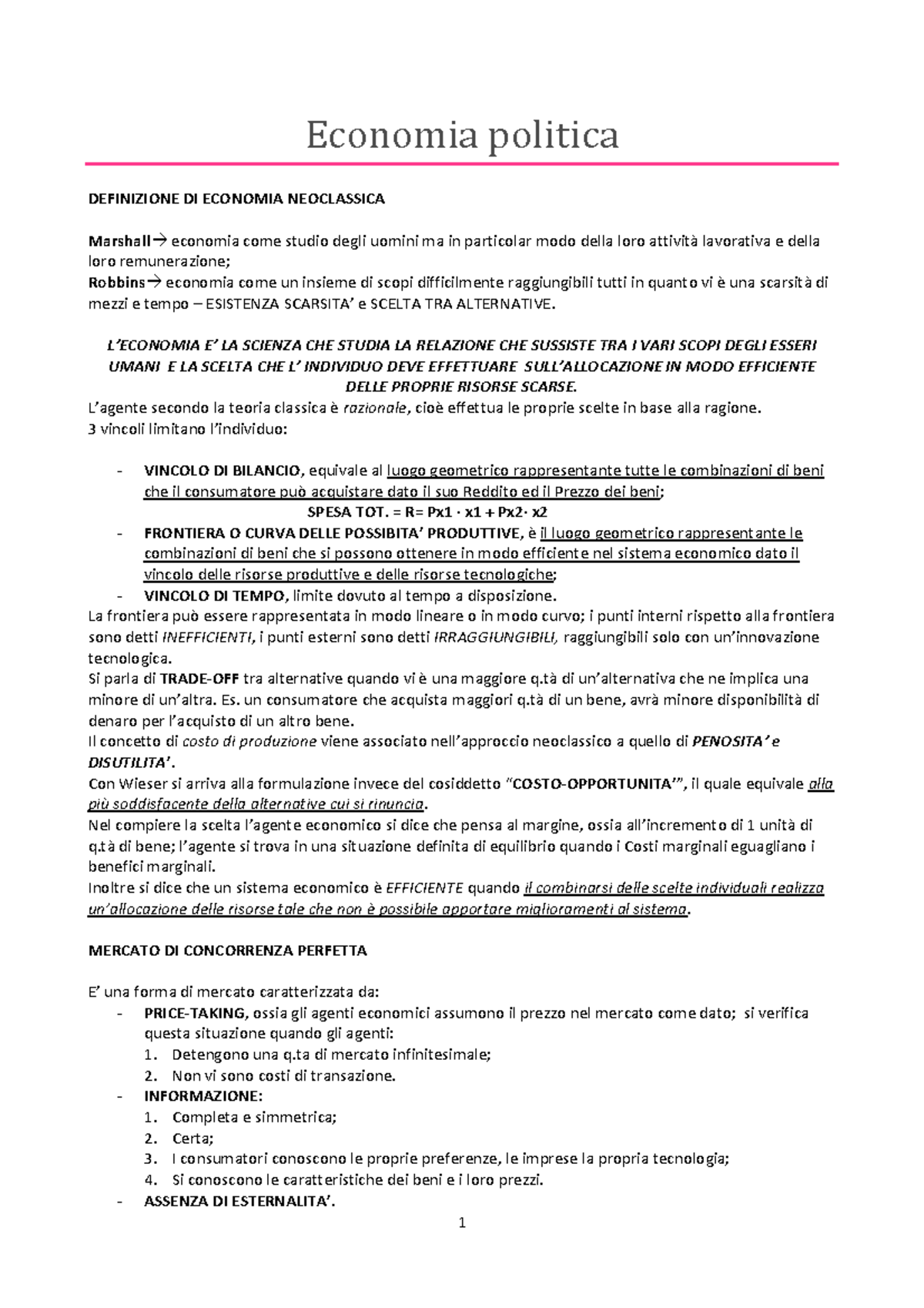 Principi di economia politica Marchionatti e F. Mornati Economia politica DEFINIZIONE DI