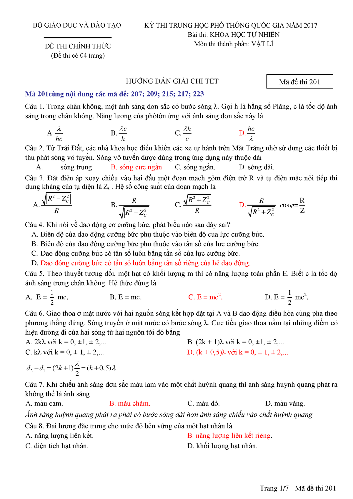 GIAI CHI TIET DE THI THPT QG MON VAT LY NAM 2017- CA 4 MA DE GOC ...
