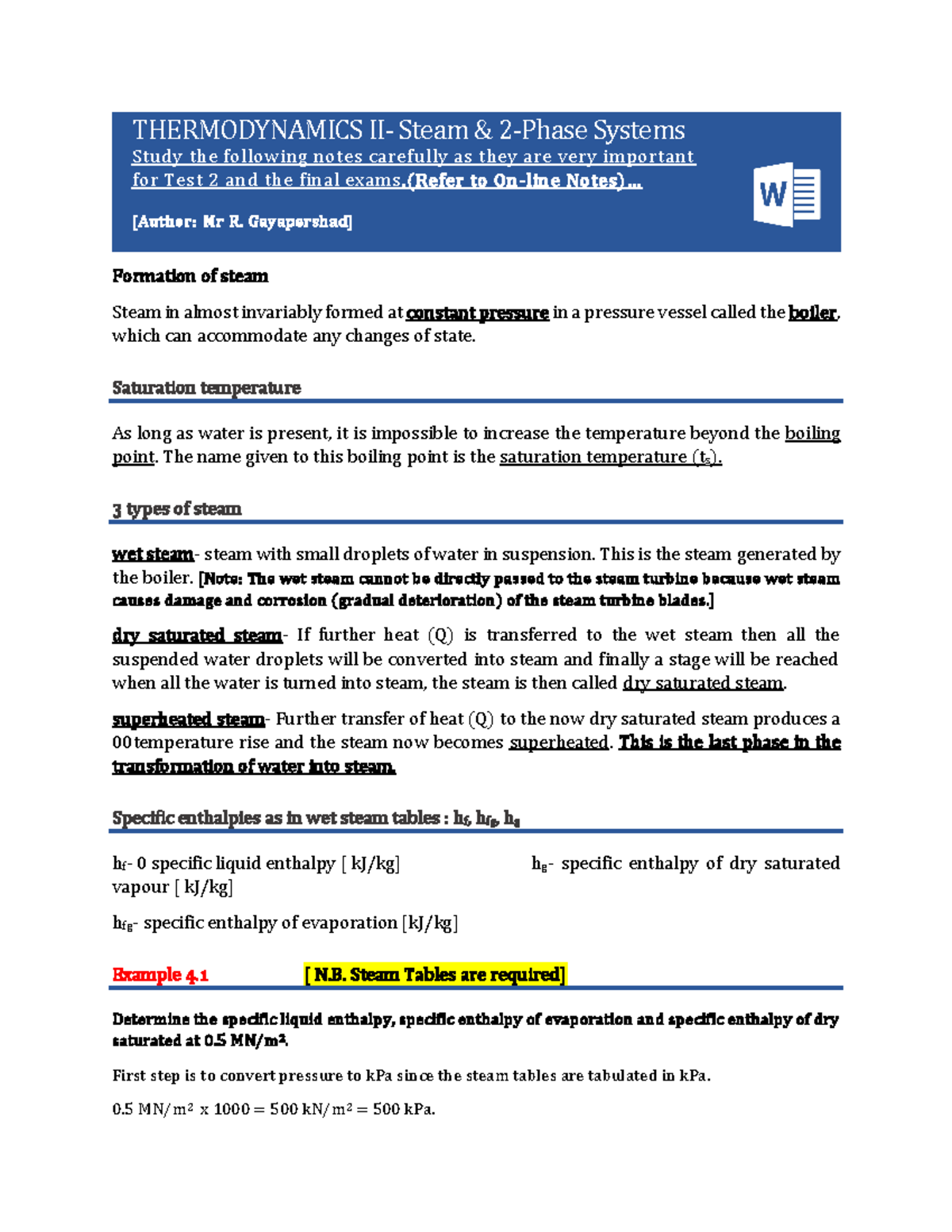 THER102 Steam Notes (Summarised version,) 1 - THERMODYNAMICS II- Steam ...