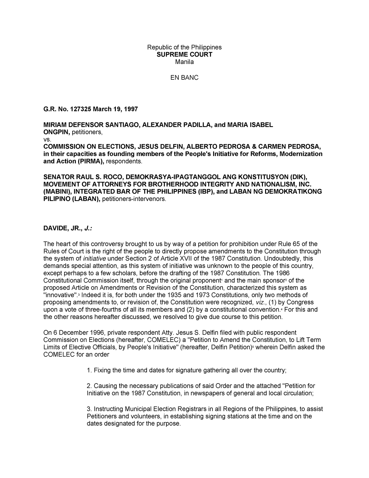 Santiago v. Comelec - G.R. No. 127325, March 19, 1997 - Republic of the ...