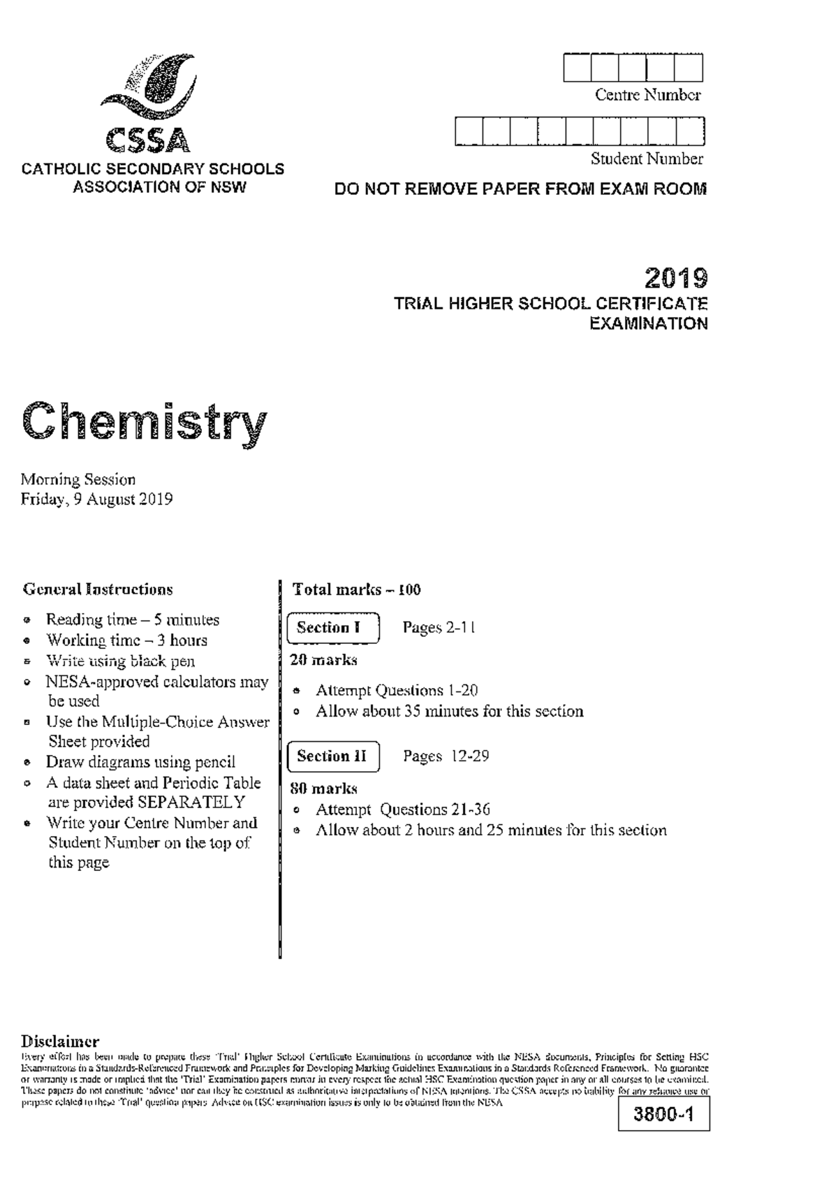 CSSA 2019 Chemistry Trial + Solutions Studocu