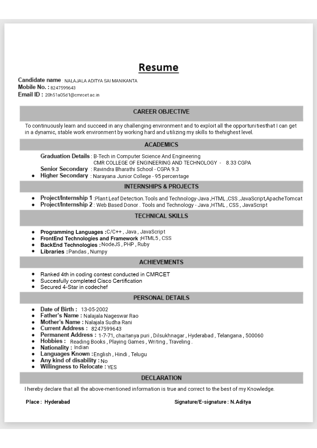 DXC Resume - HI JAFJKSGSD,,SGSG - Compter Science and Engineering - Studocu