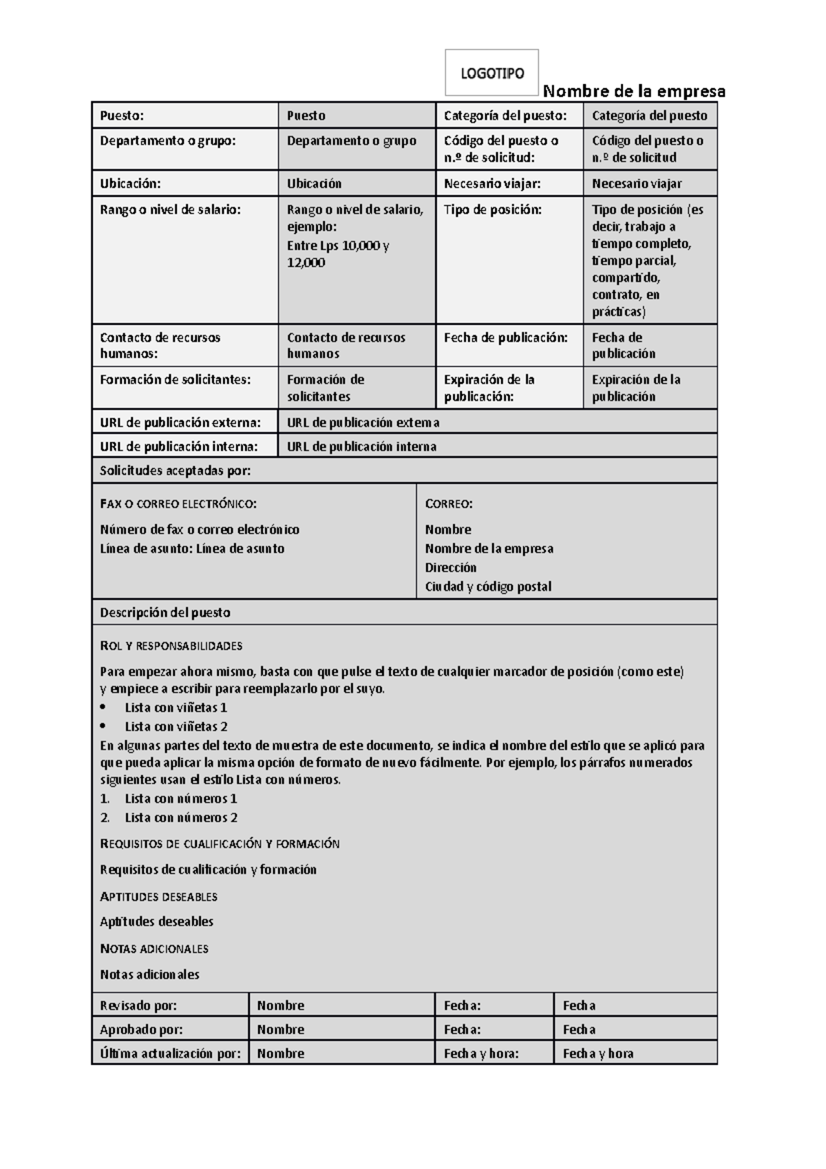 Formato descripción de puestos - Nombre de la empresa Puesto: Puesto ...