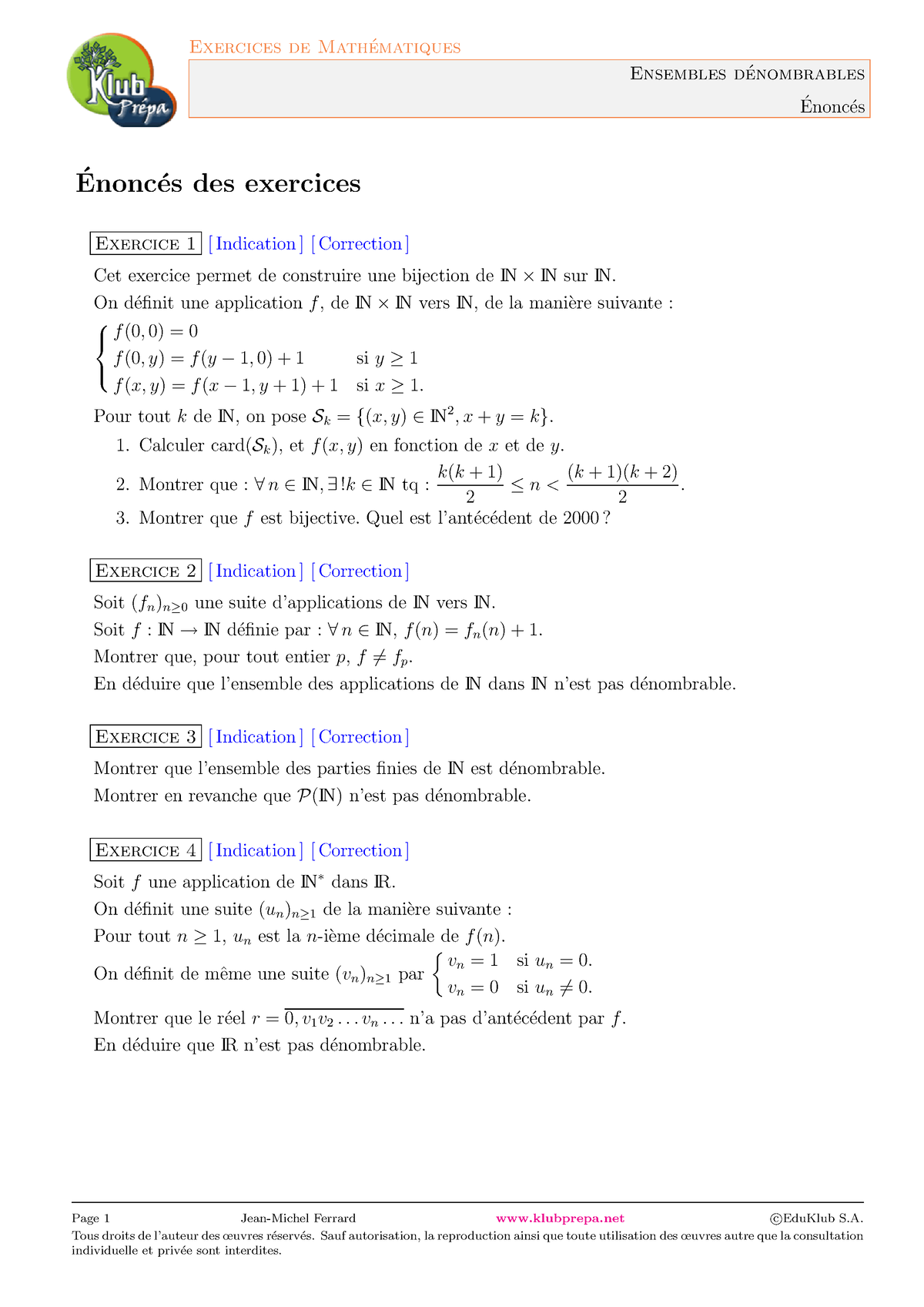 Dénombrements, Exercices : Ensembles Dénombrables - Ensembles D ...