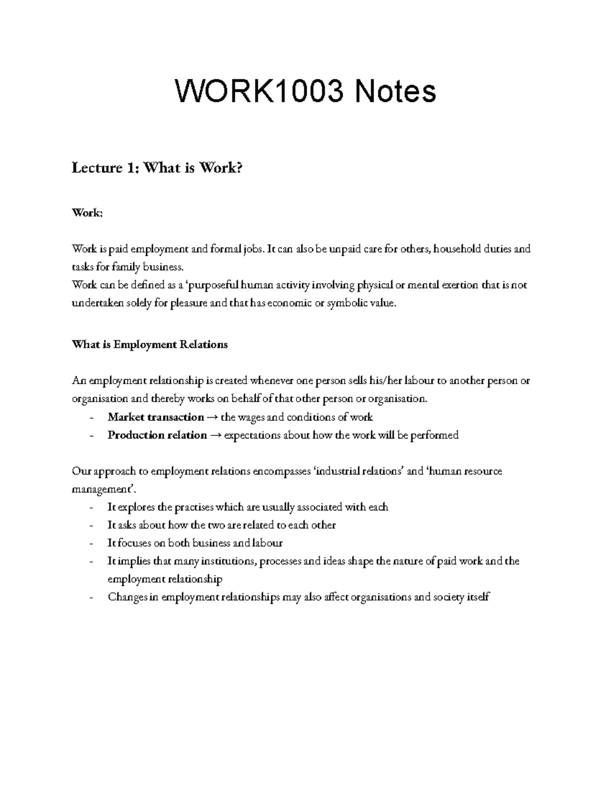 WORK1003 Lecture Notes WORK1003 Notes Lecture 1 What Is Work Work 