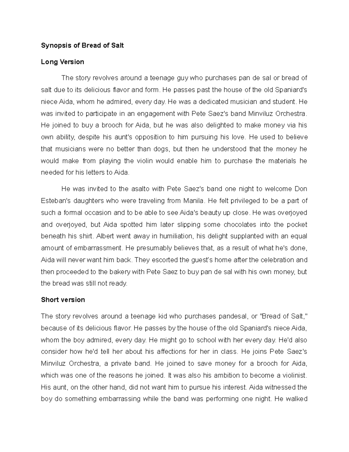 Synopsis & Exposition of Bread of Salt Literature UCP Studocu