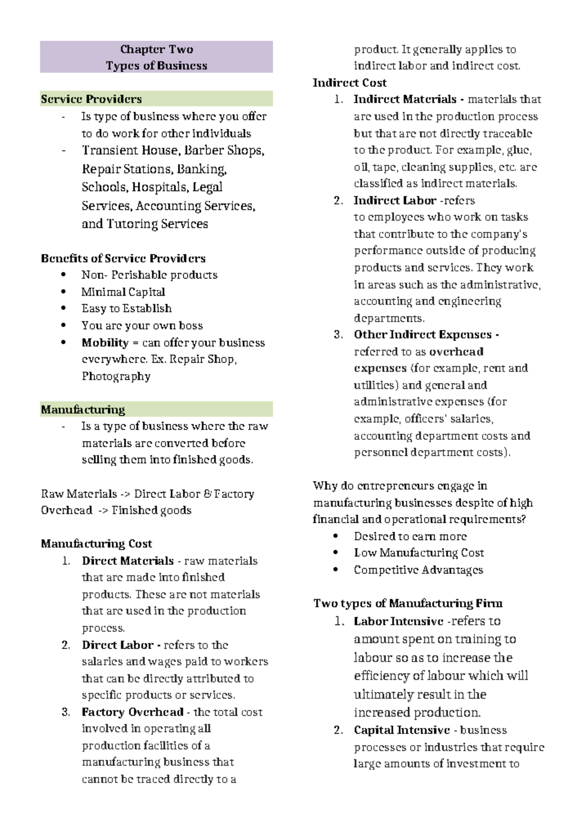Chapter 2 Types of Business - Chapter Two Types of Business Service ...