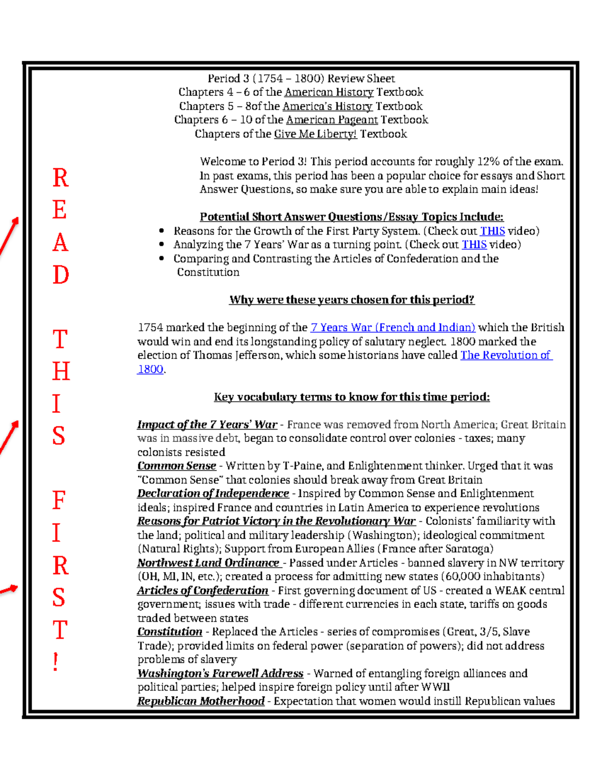 Period 3 Review Sheet - Period 3 (1754 – 1800) Review Sheet Chapters 4 ...