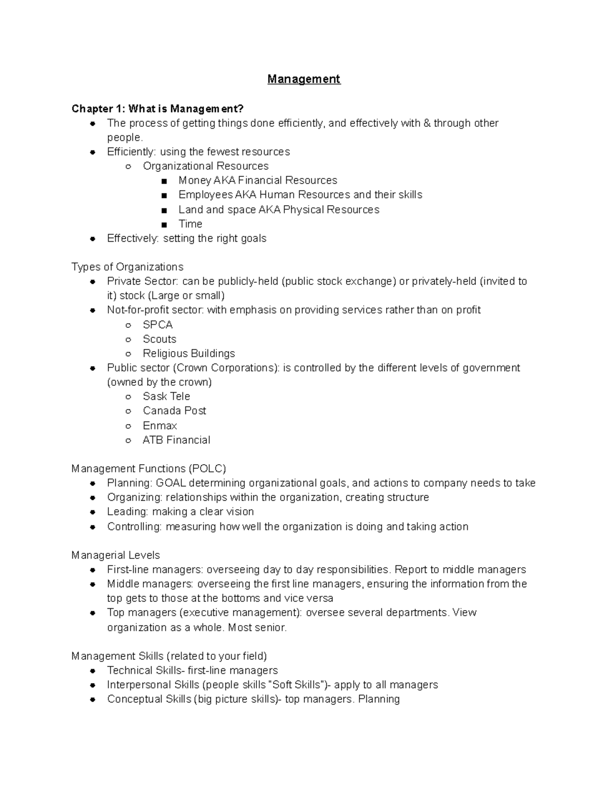 Management Ch 1-5 - Chapter 1-5 Class Notes - Management Chapter 1 ...