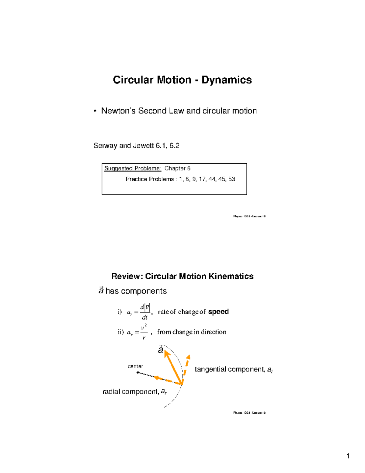 Lecture 10 CIRCULAR MOTION Physics 1D03 Lecture 10 Circular