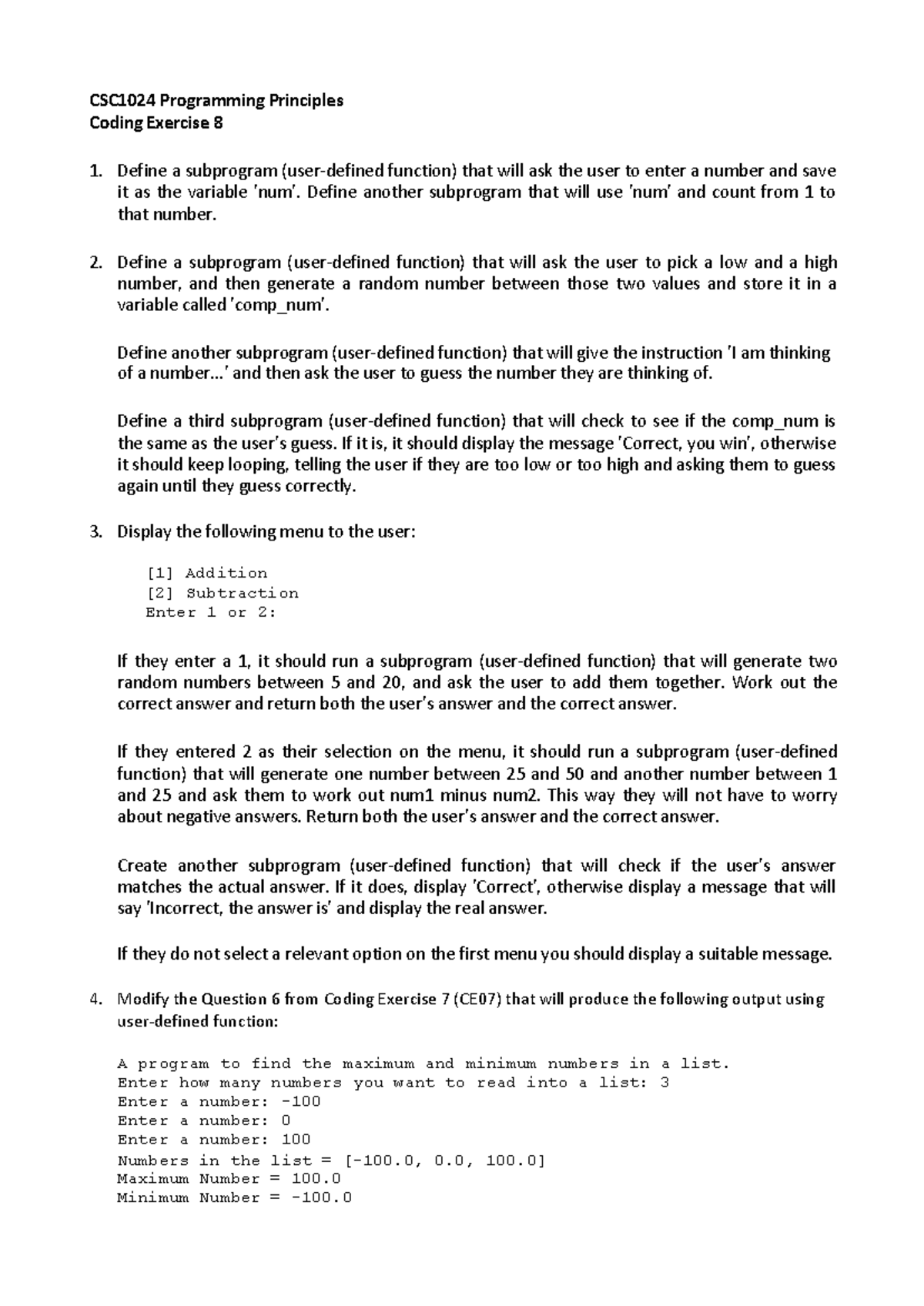CE08 - practical - CSC1024 Programming Principles Coding Exercise 8 ...