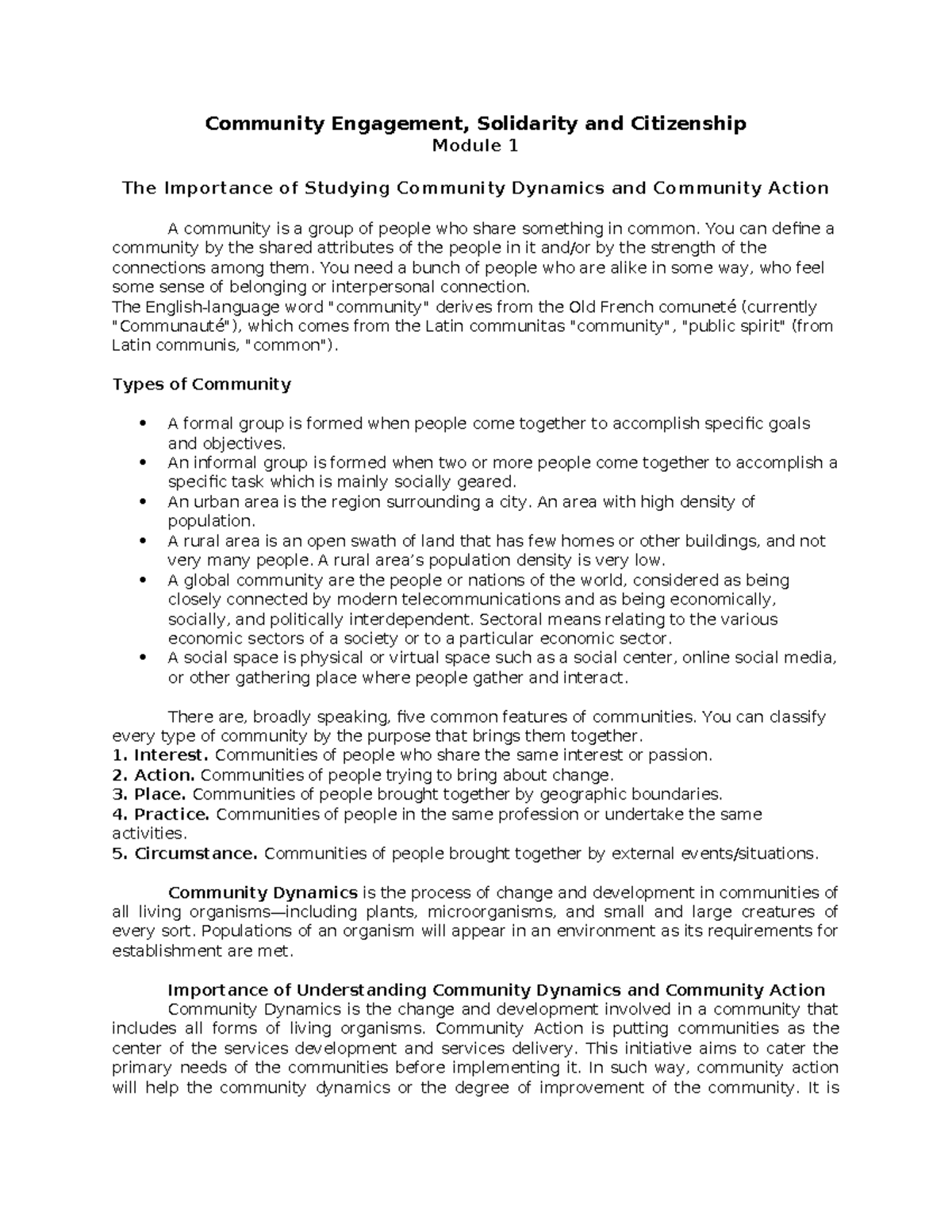 Community Engagement M1 - Community Engagement, Solidarity and ...