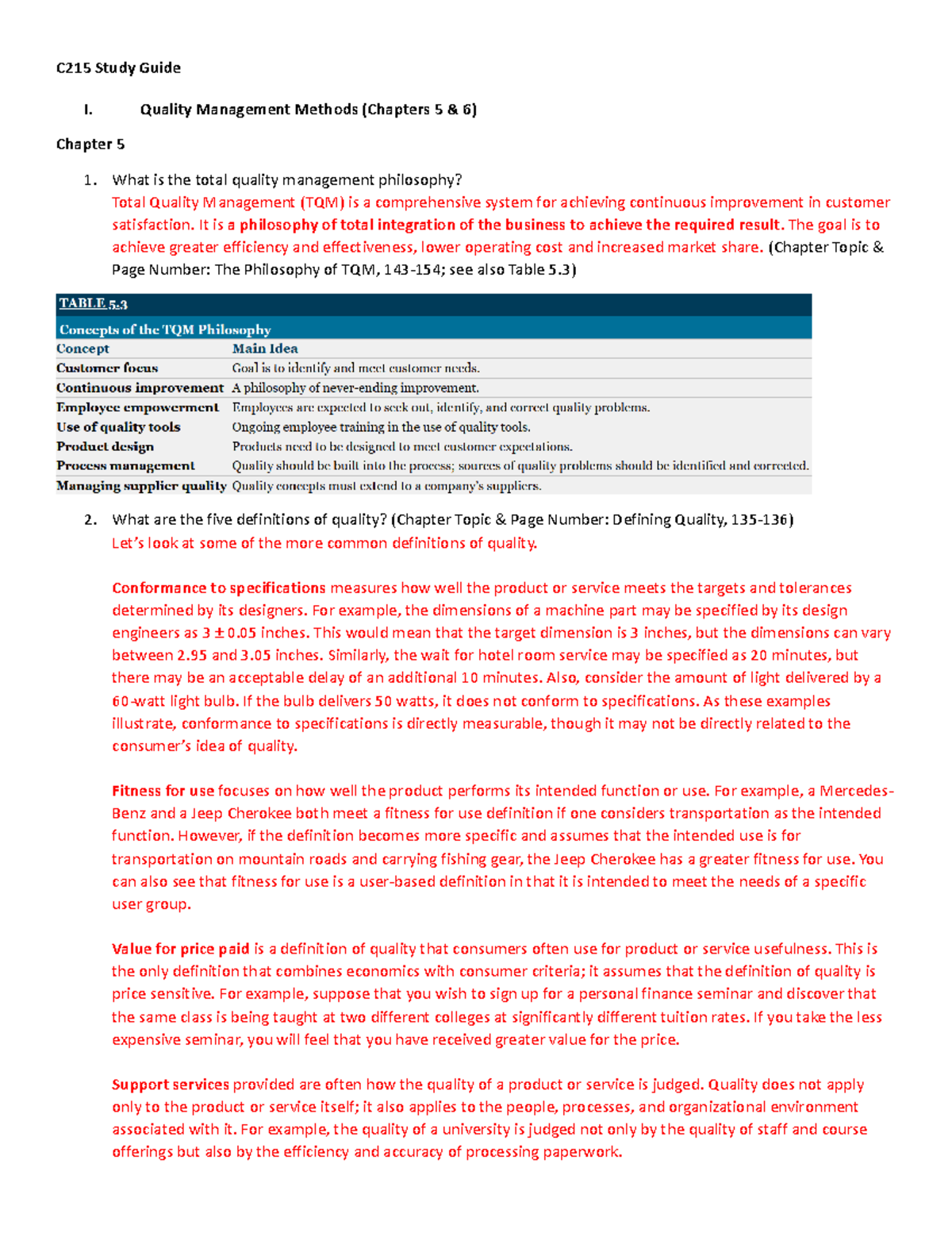 C215 Study Guide - I. Quality Management Methods (Chapters 5 & 6 ...