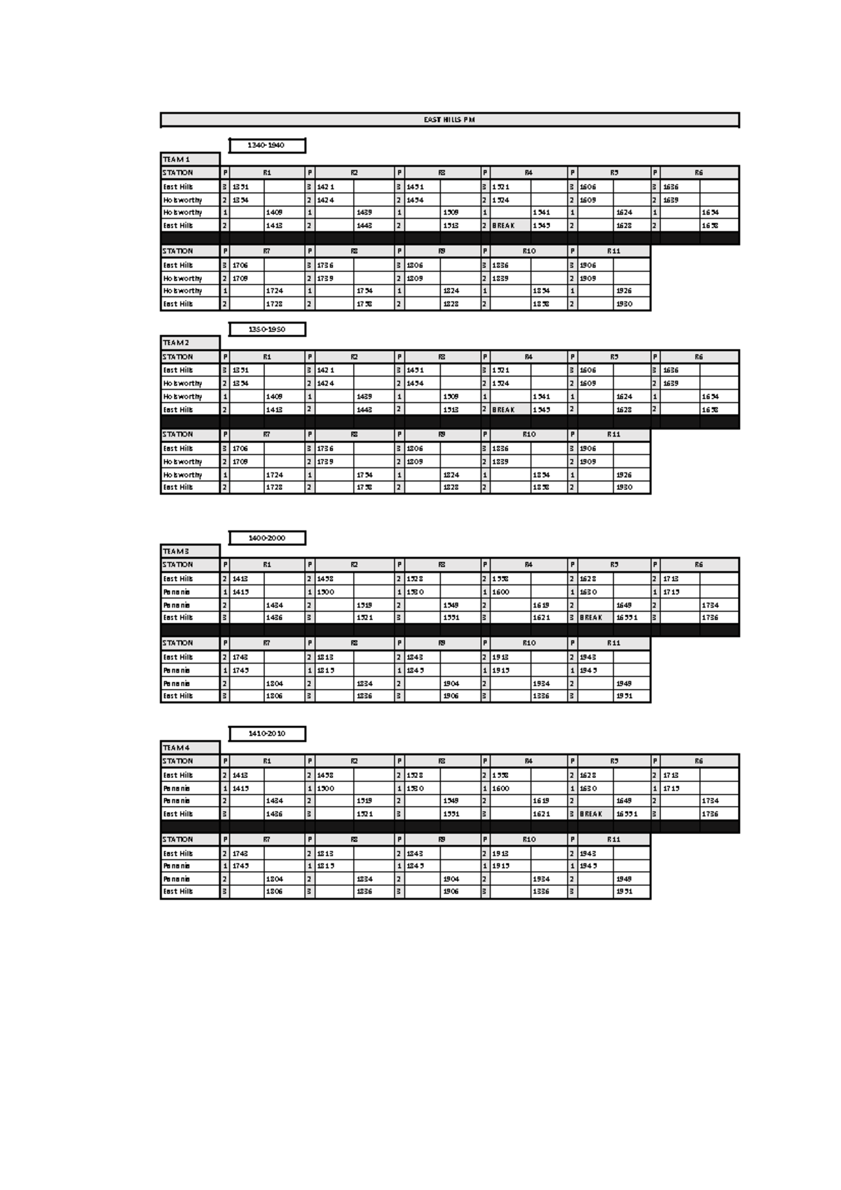 Weekend timetable - EAST Hills PM - EAST HILLS PM 1340- TEAM STATION P ...
