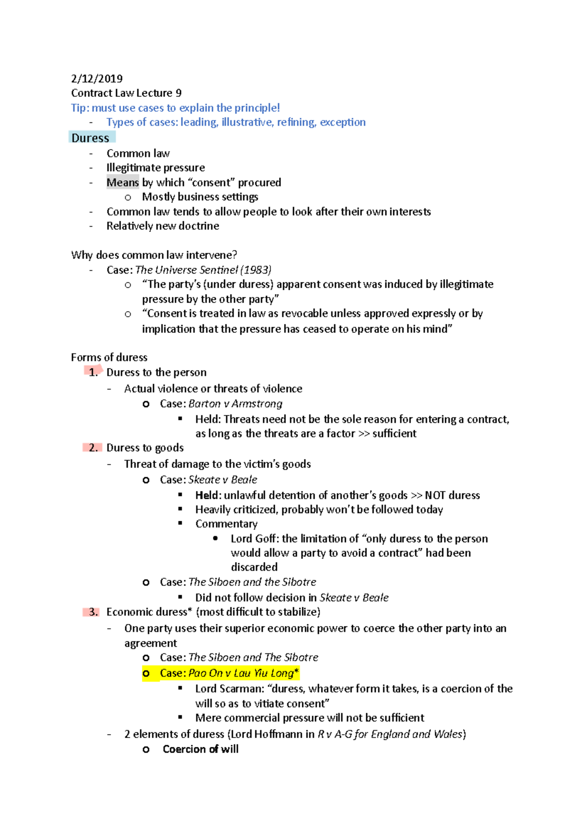 Duress And Undue Influence Lecture Notes - 2/12/ Contract Law Lecture 9 ...