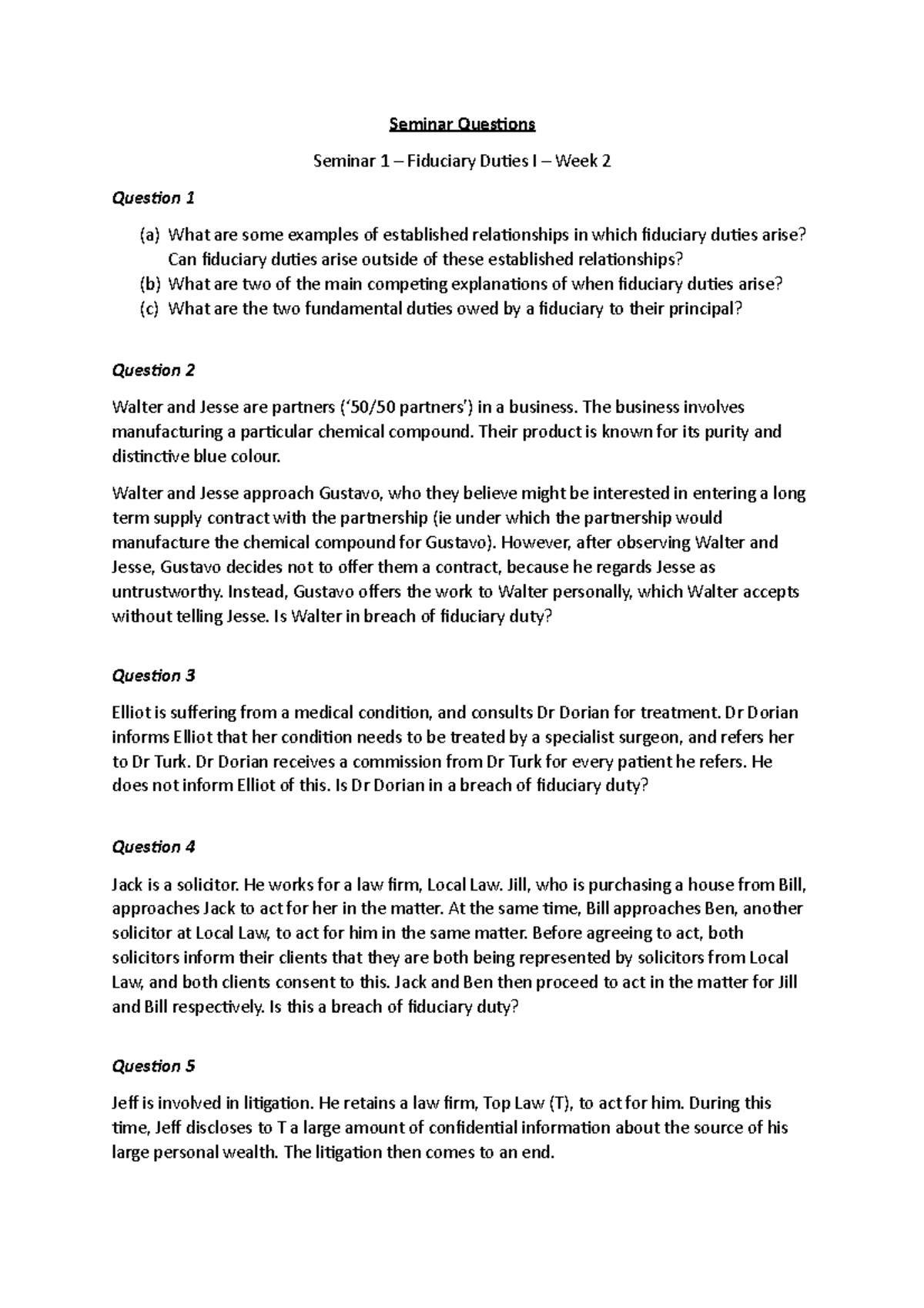 Seminar Questions - Seminar Quesions Seminar 1 – Fiduciary Duies I ...