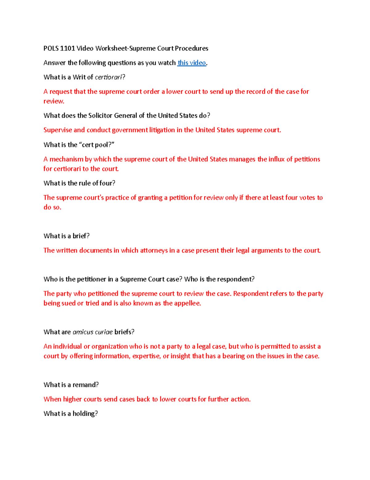 1 POLS 1101 Video Worksheet-Supreme Court Procedures - POLS 1101 Video ...