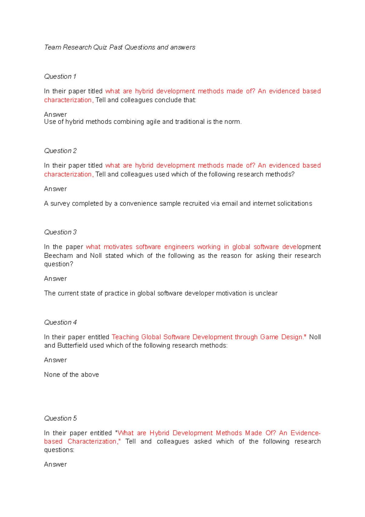 Team Research Quiz Past Questions and answers - Question 2 In their ...