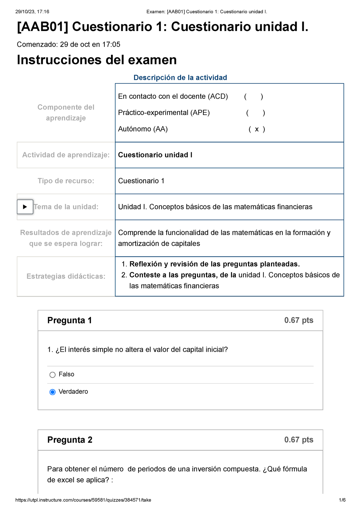 Examen [AAB01] Cuestionario 1 Cuestionario Unidad I - Comenzado: 29 De ...