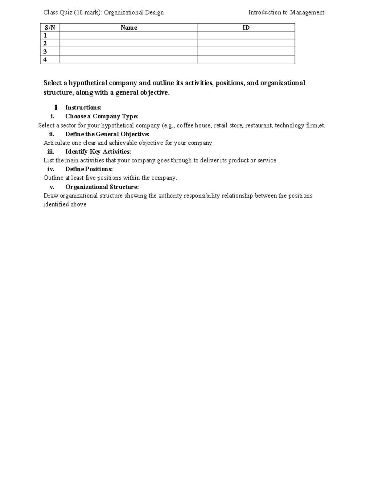 Quize introduction to Management - Class Quiz (10 mark): Organizational ...