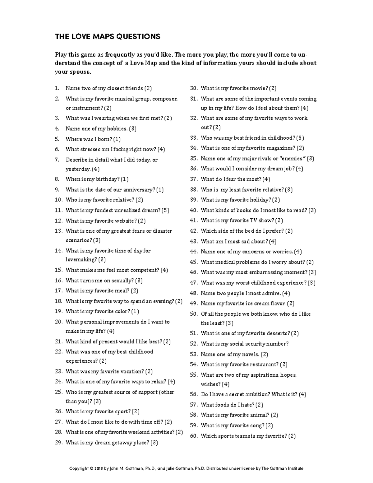 Love-Maps-Questions - Copyright © 2016 by John M. Gottman, Ph., and ...