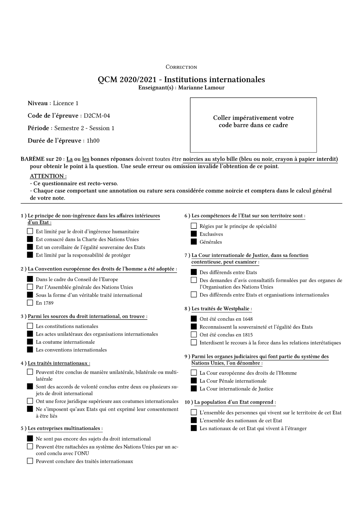 Corrig Ã© QCM 2021 - Droit Important Pour Compréhension L1 - Correction ...