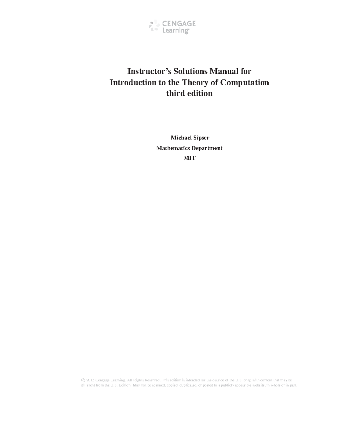 M. (Michael) Sipser - Instructor Solution Manual To Accompany ...