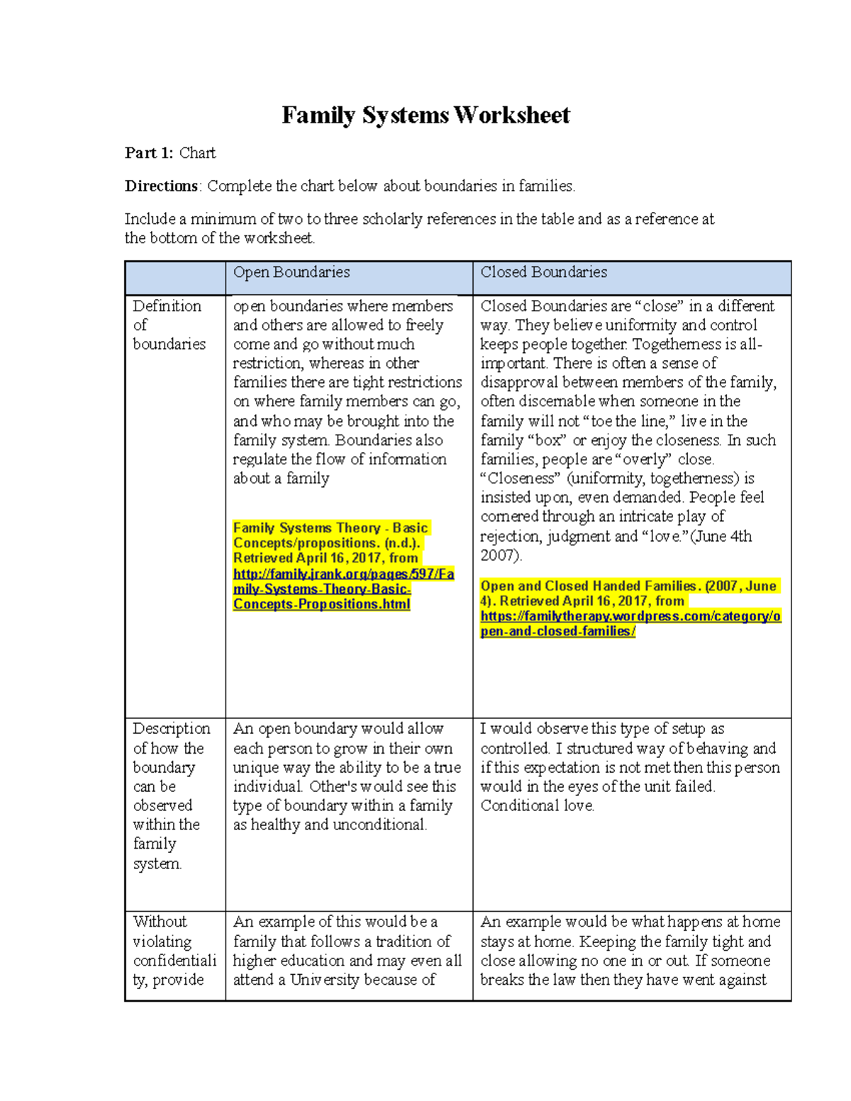 family systems worksheet include a minimum of two to three scholarly references in the table and studocu