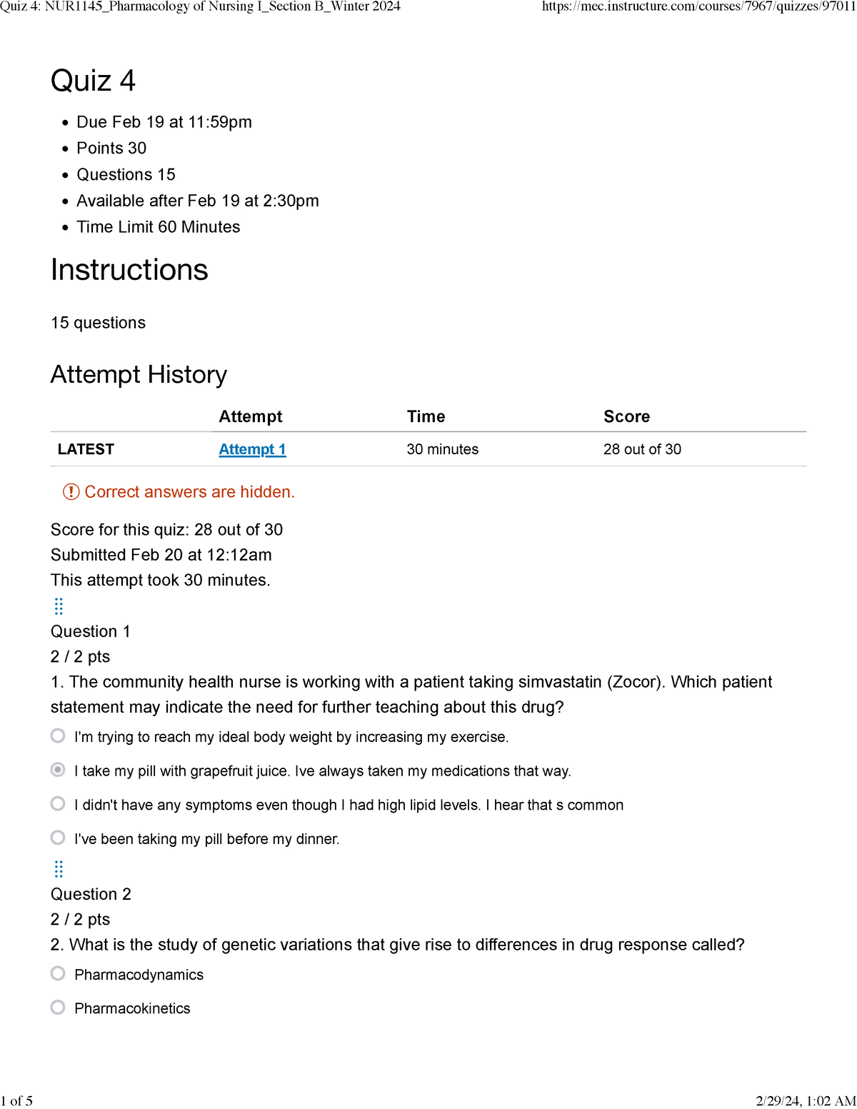 Quiz 4 NUR1145 Pharmacology of Nursing I Section B Winter 2024 Quiz 4