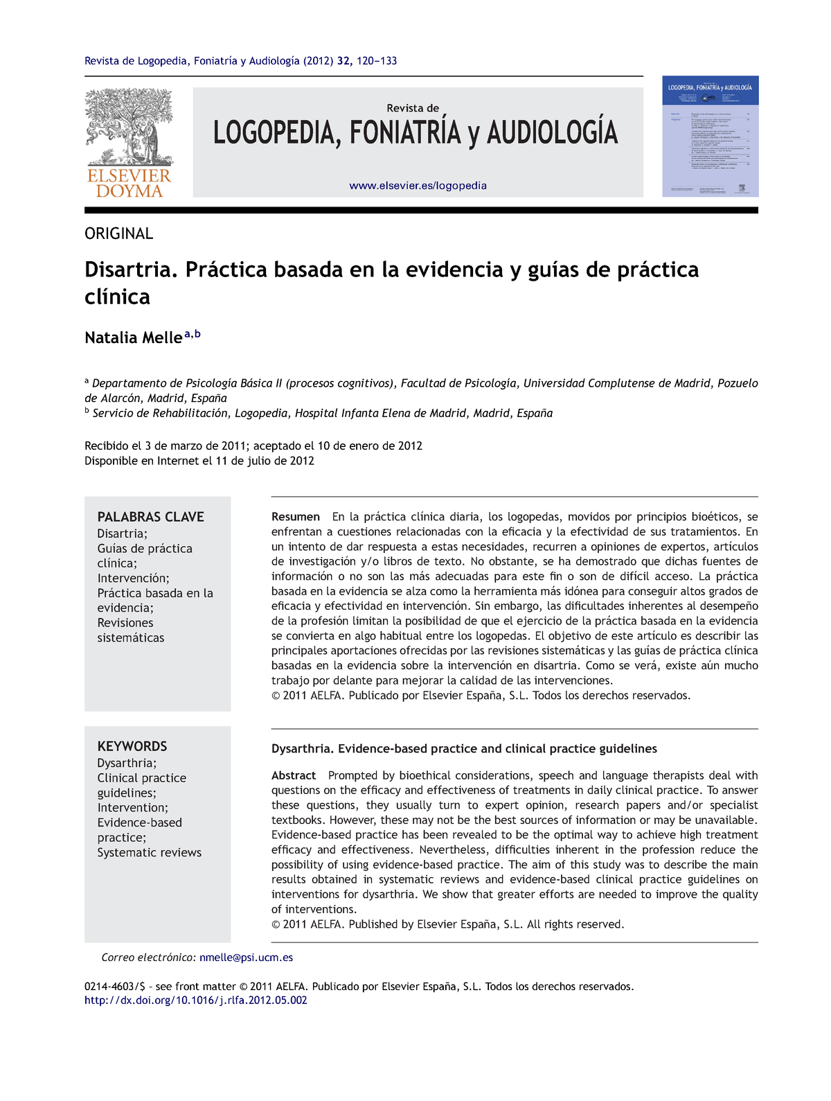 Texto: Melle (2012 ) Disartria. Práctica Basada En La Evidencia Y Guías ...