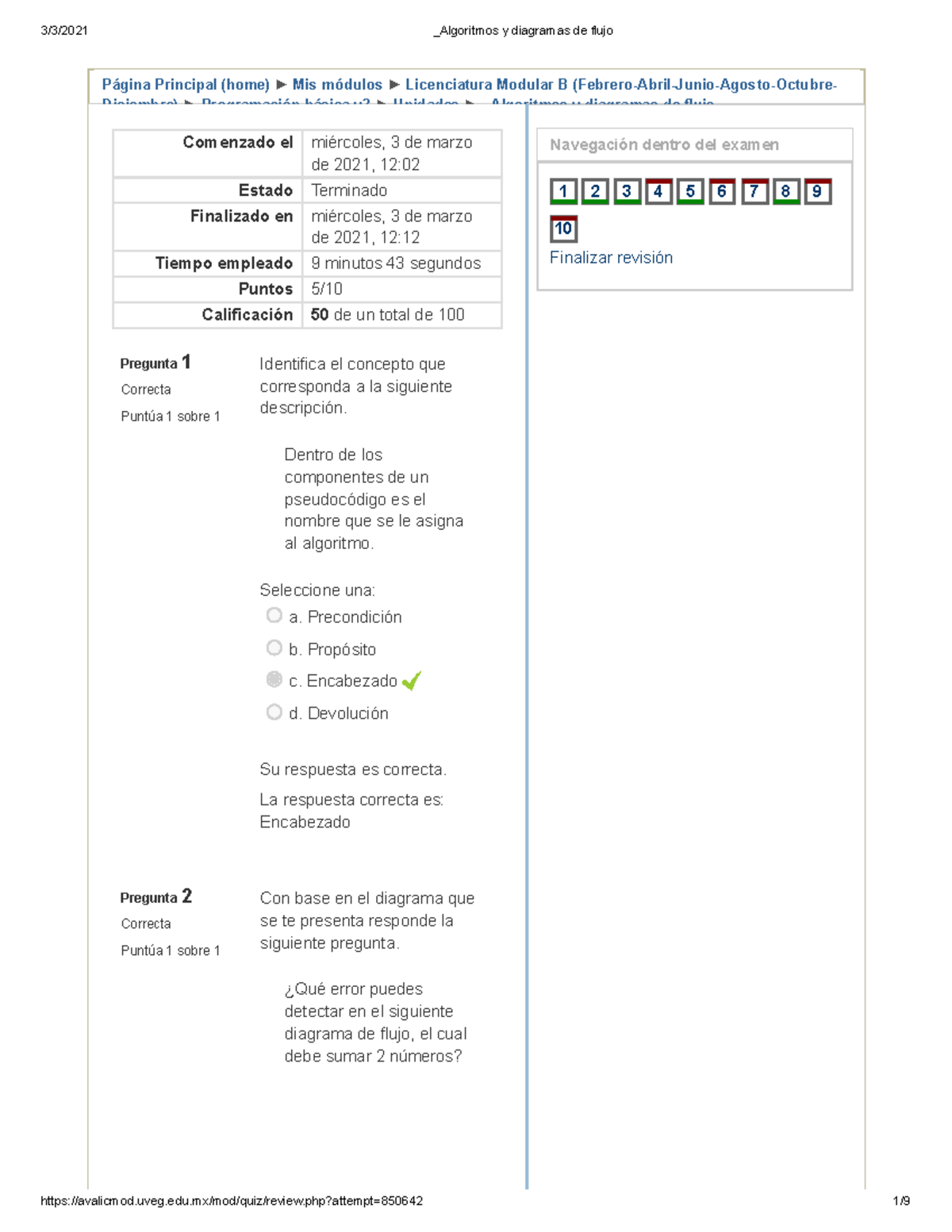 Examen Algoritmos y diagramas de flujo Programación Básica UVEG - Página  Principal (home) ▻ Mis - Studocu