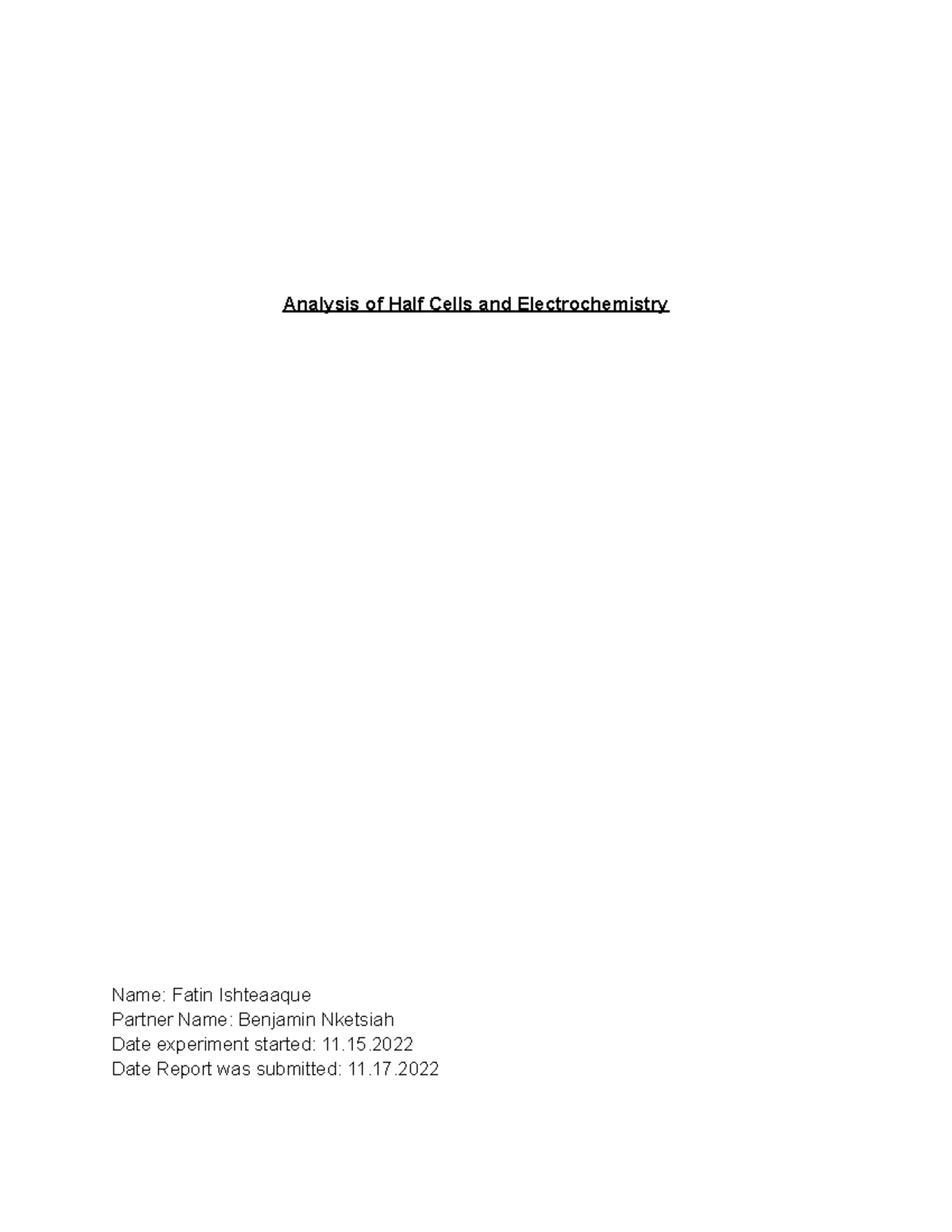 Lab Report 8 Electrochemistry Analysis of Half Cells and