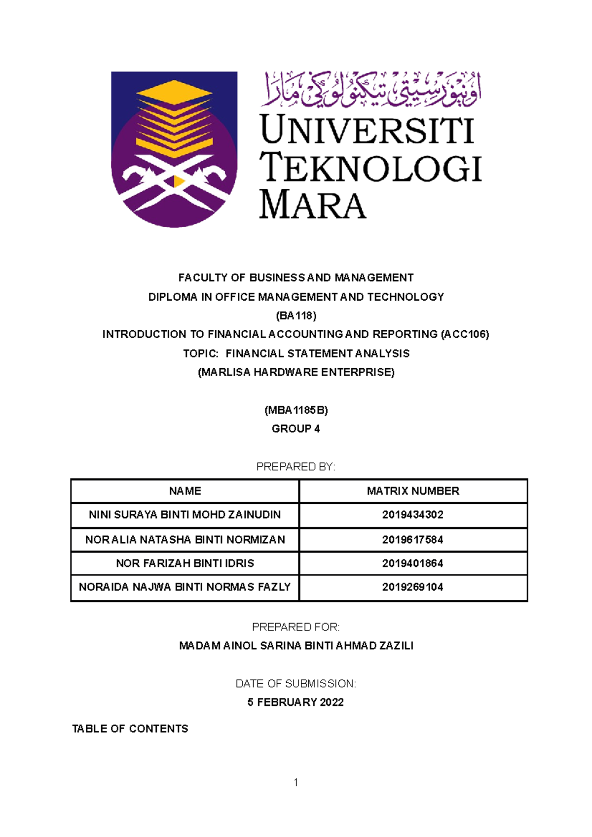 Group Project 2 ACC106 MBA1185B Group 4 - Introduction in Financial ...