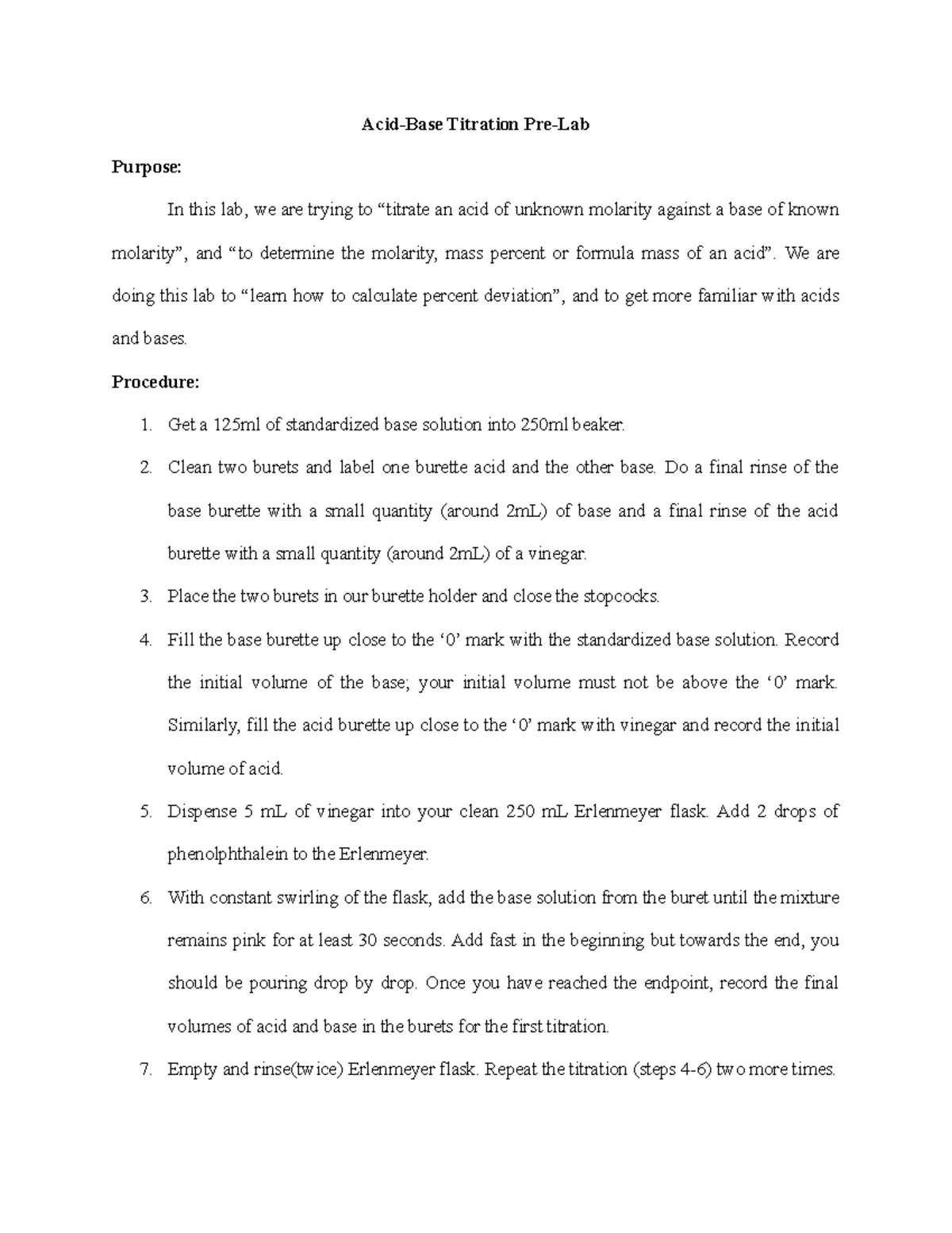 Pre Lab 4 Acid Base Titration AcidBase Titration PreLab Purpose