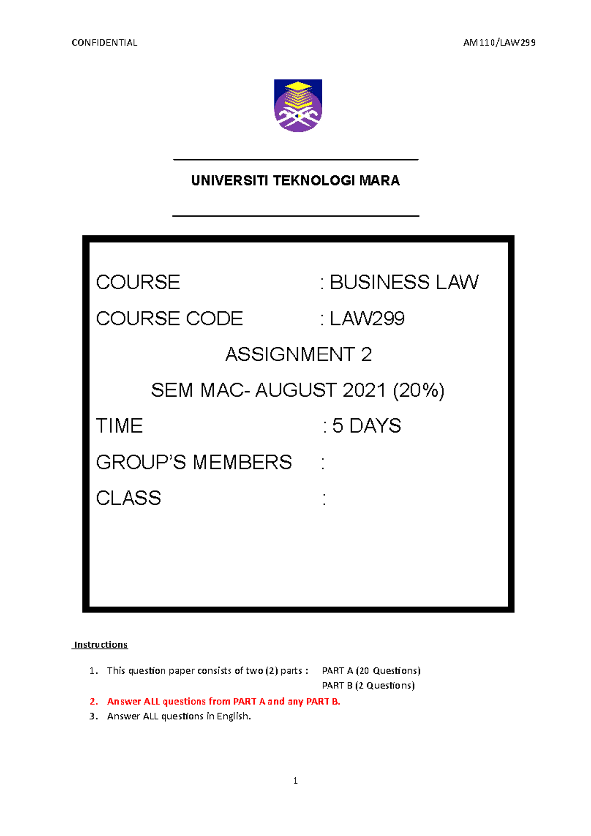 LAW299 Mac-Ogos 2021 Assignment 3 - Business Law - UiTM - Studocu