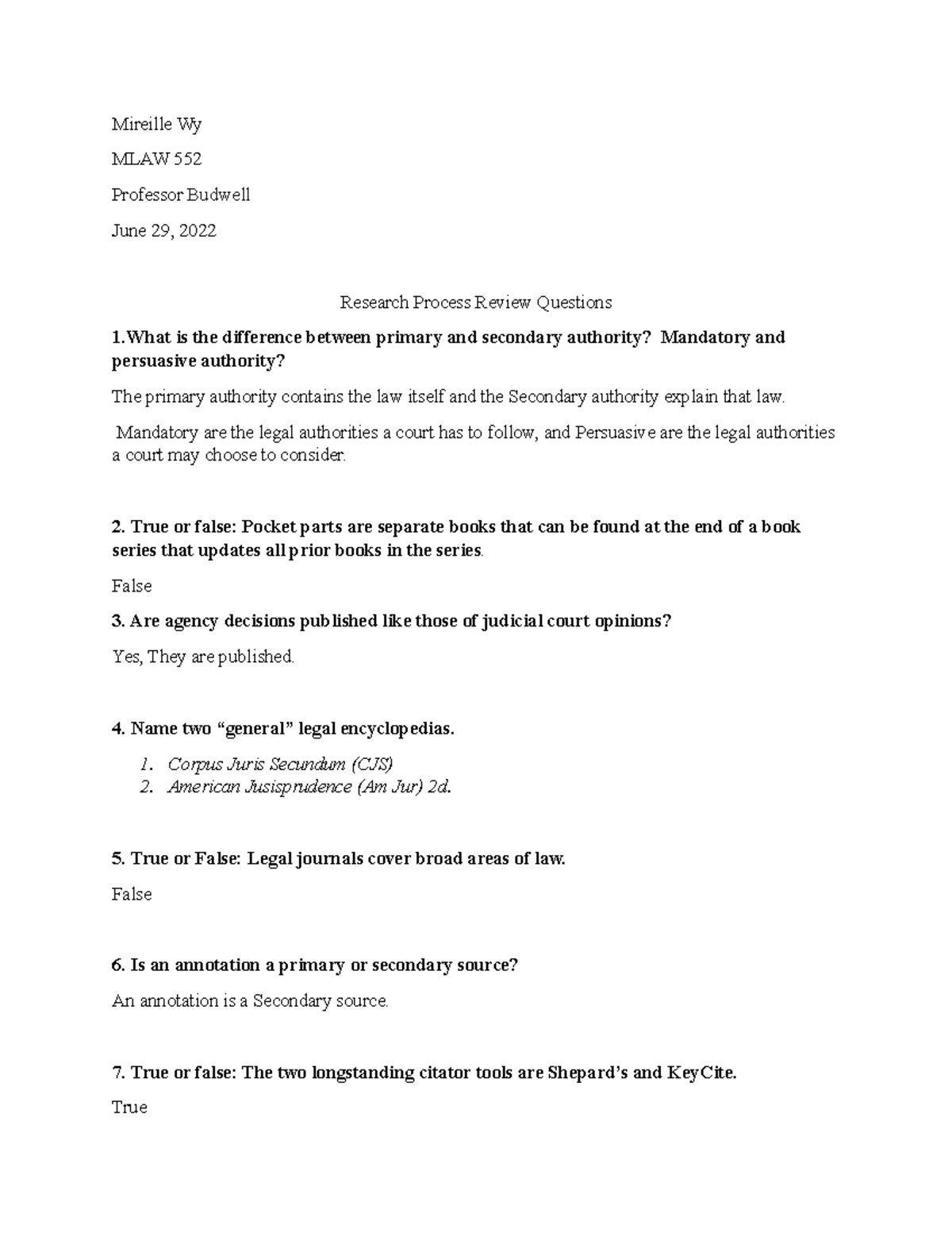 MLAW 552 week2 - N/A - Mireille Wy MLAW 552 Professor Budwell June 29 ...