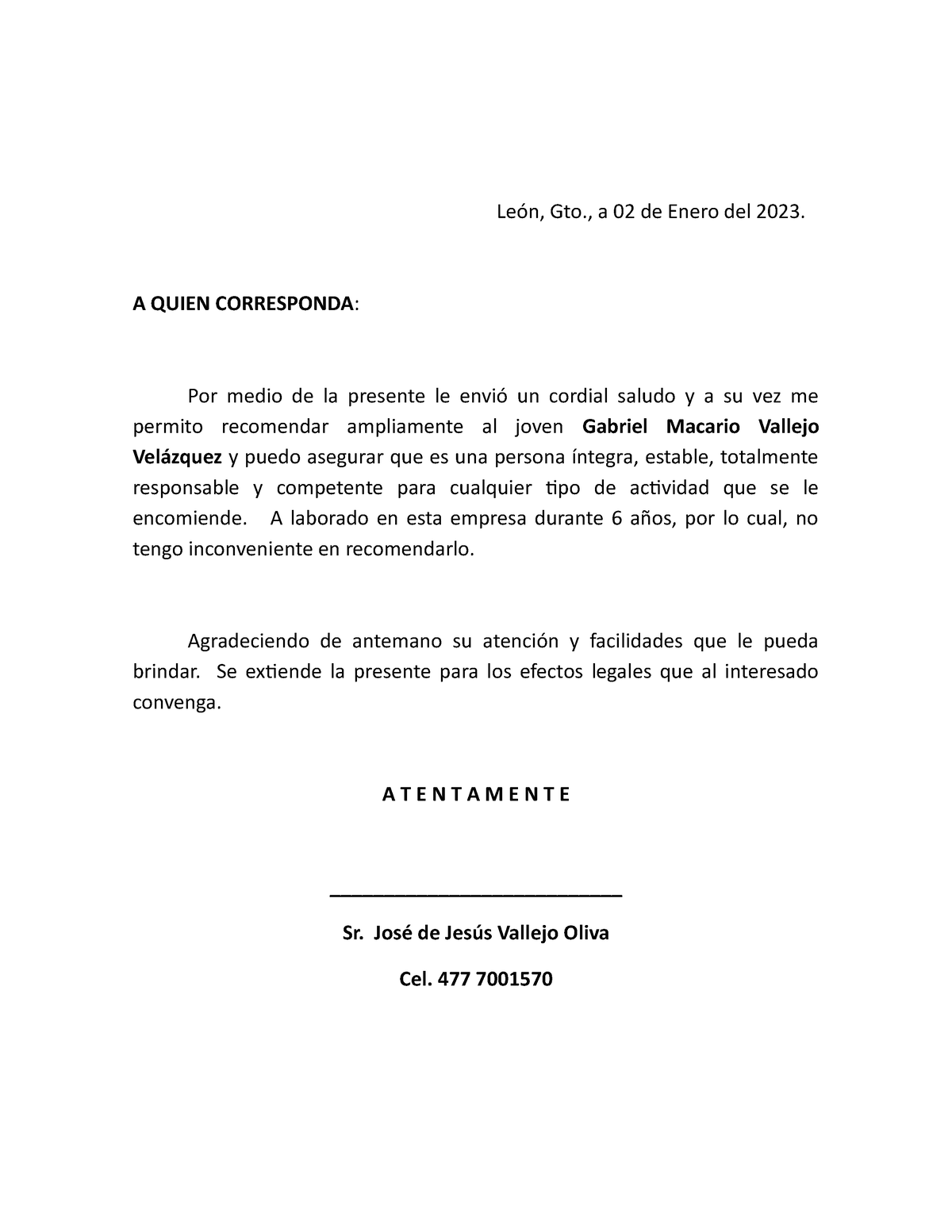 Carta De Recomendacion León Gto A 02 De Enero Del 2023 A Quien Corresponda Por Medio De 4805