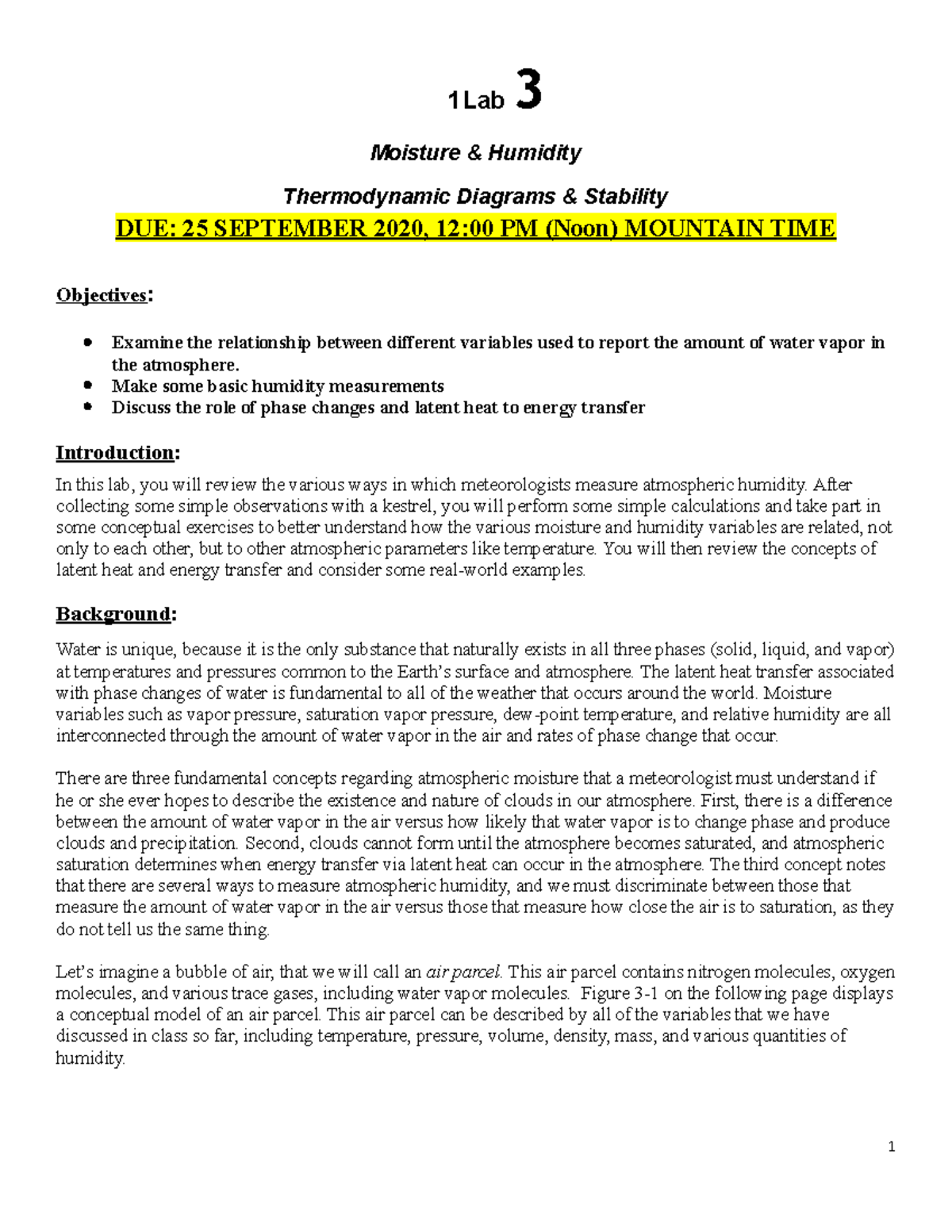 Lab 3 - Moisture Humidity Thermodynamic Diagrams Stability - 1Lab 3 ...
