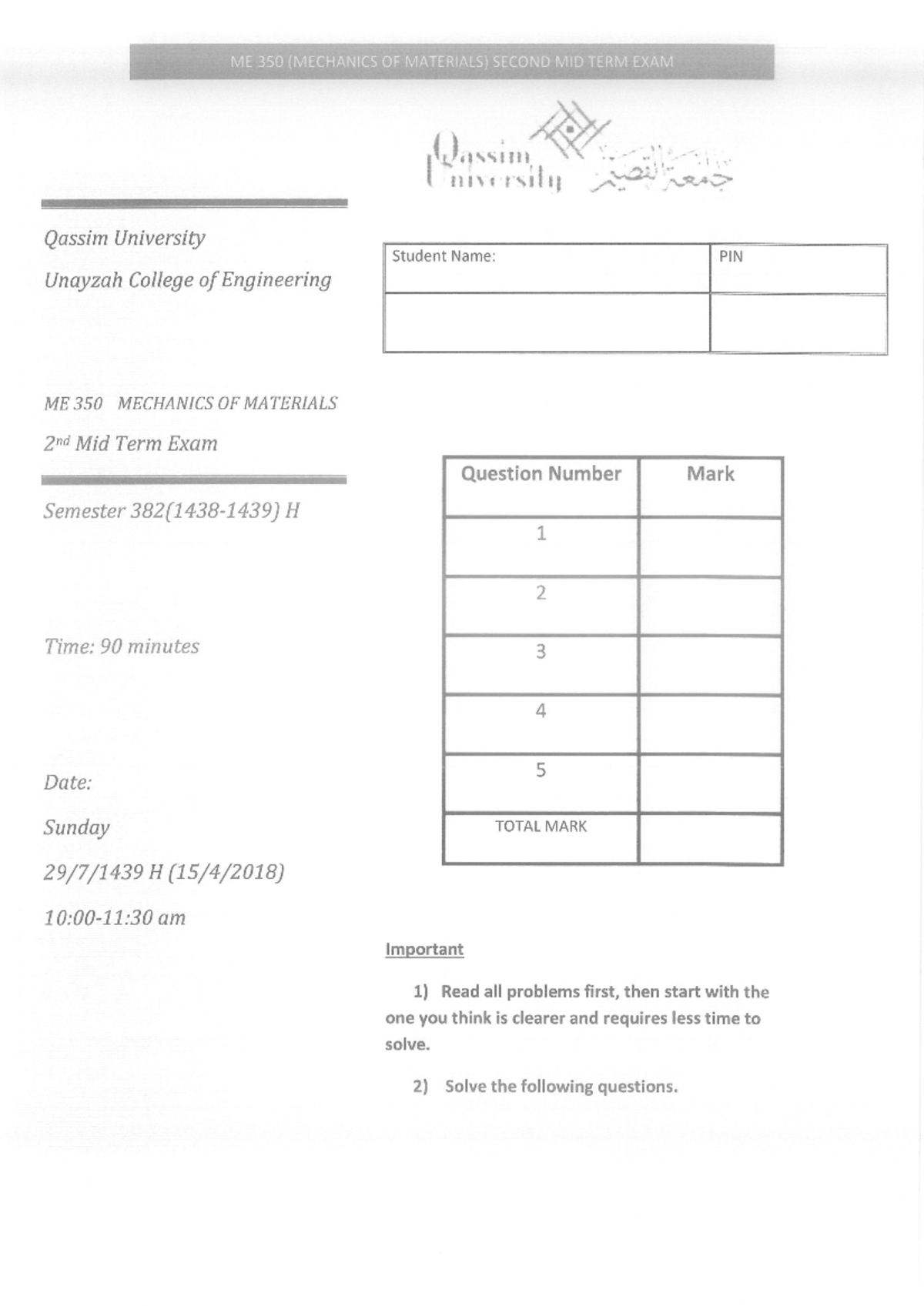 Exam 2019, questions and answers - mechanics of materials - Studocu