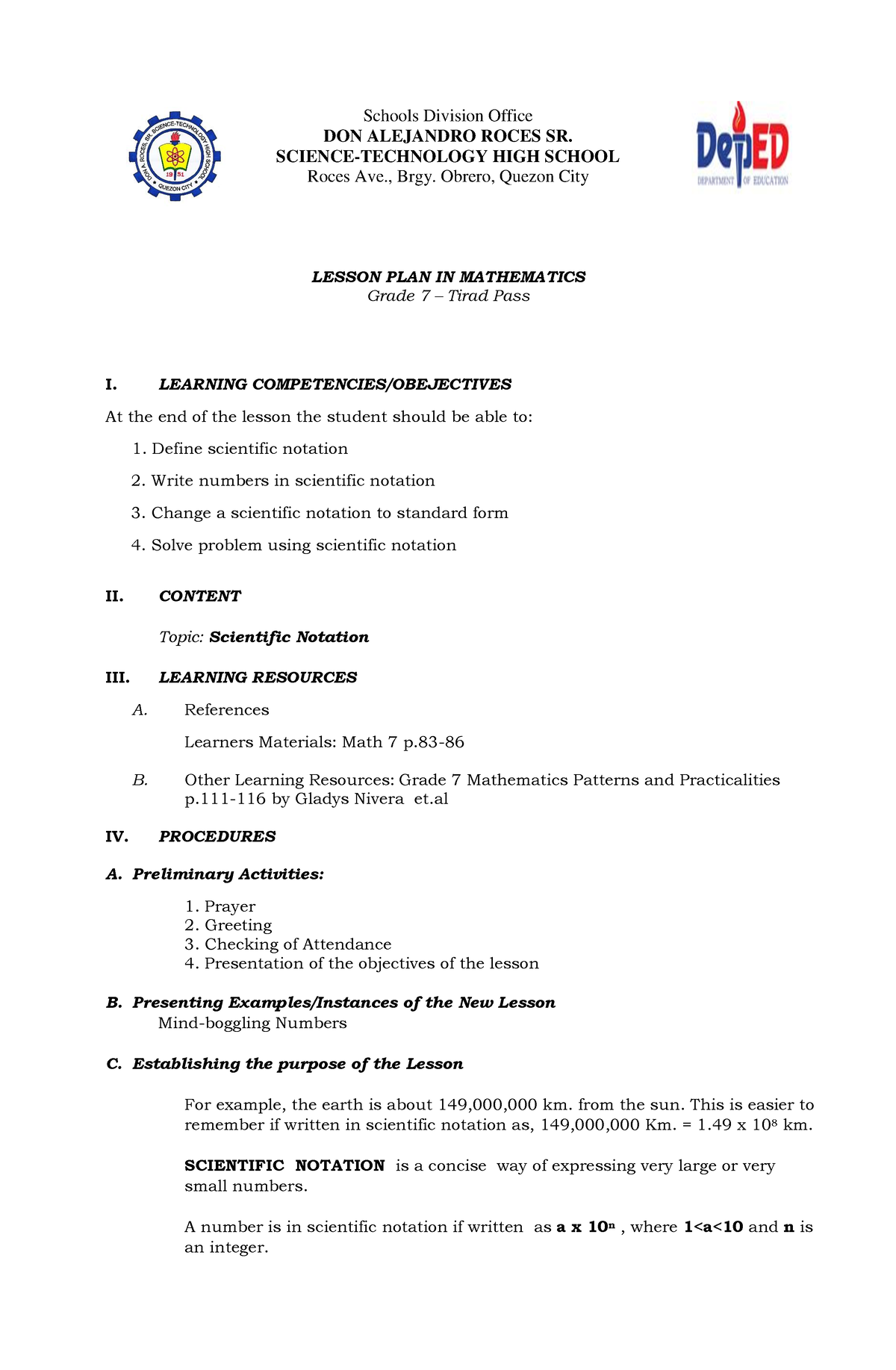 1st cot lesson plan in mathematics 7 - Schools Division Office DON ...