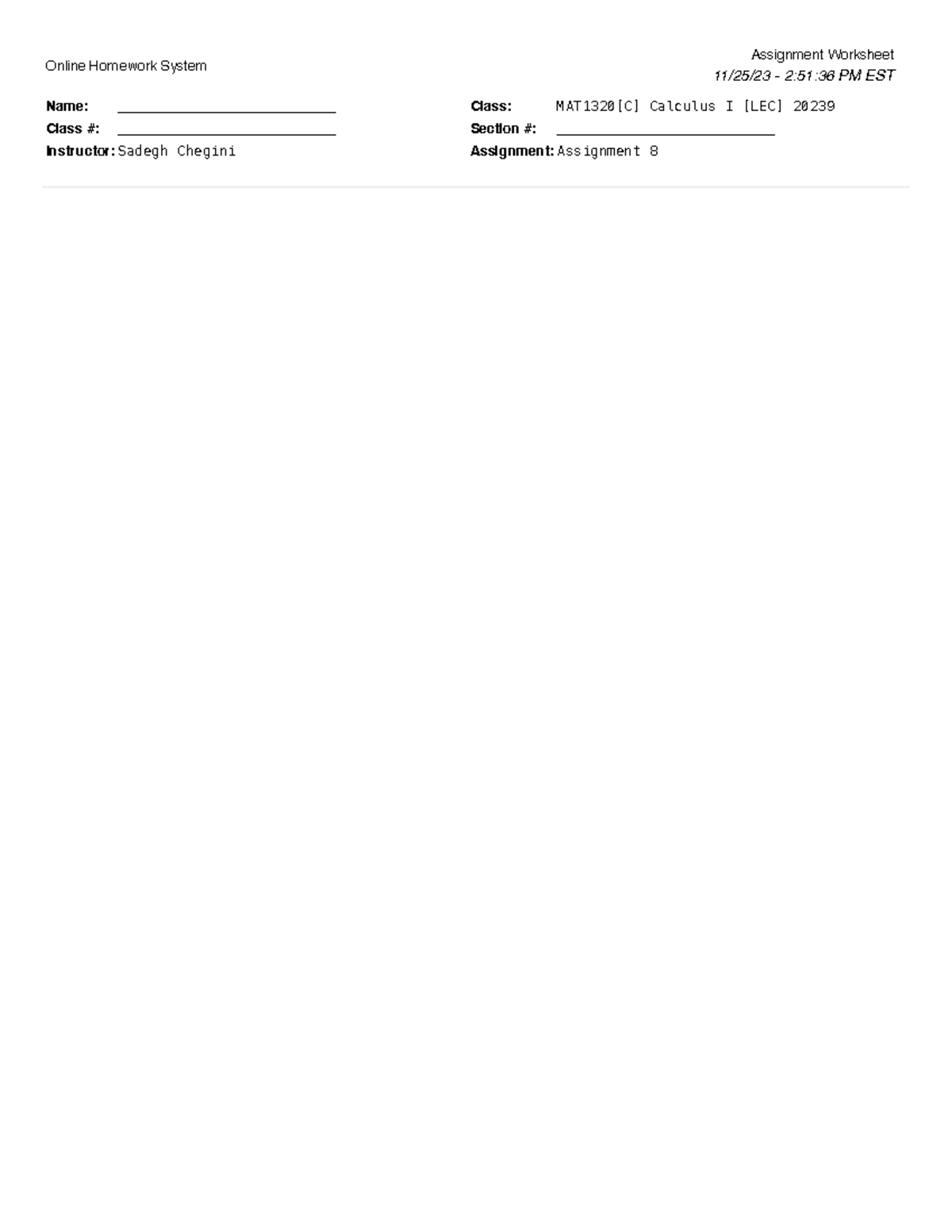 Math 1320 Assign 8 - Online Homework System Assignment Worksheet 11/25 ...