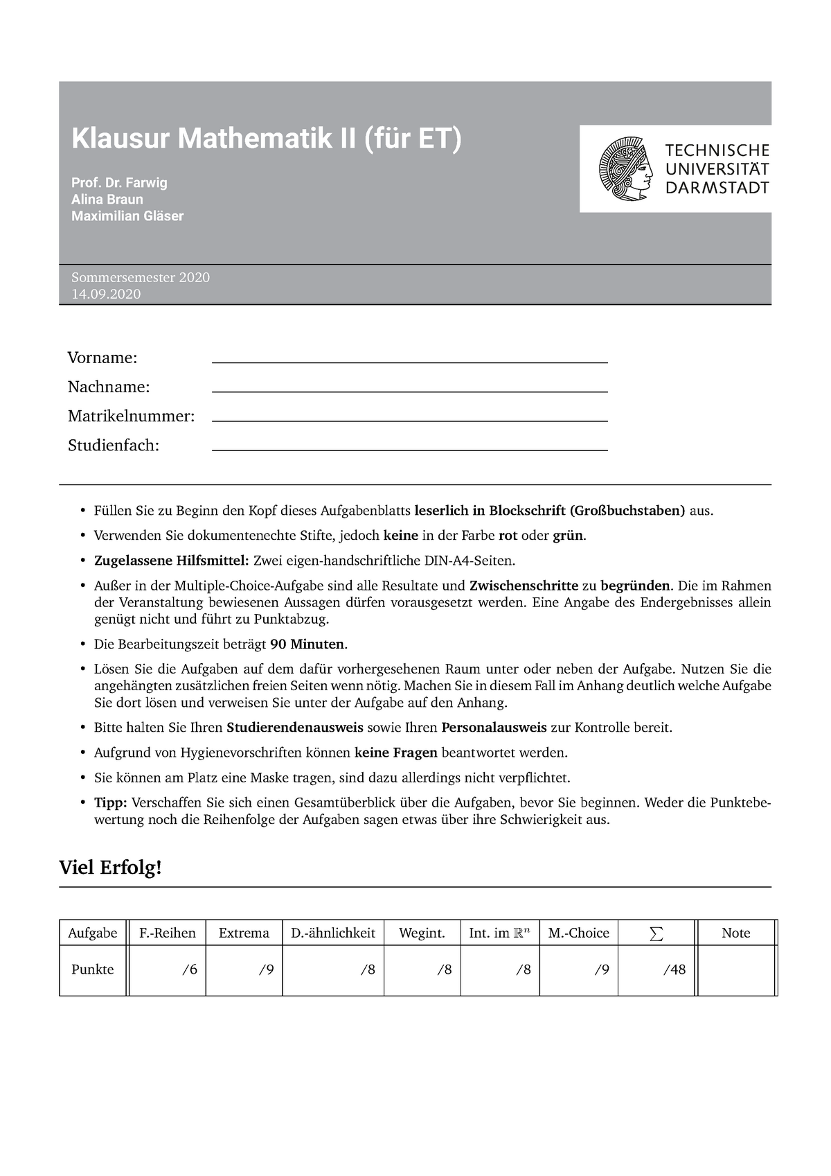 Klausur S20 Mathe 2 ET Farwig - Mathematik 2 (für ET) - TU Darmstadt ...