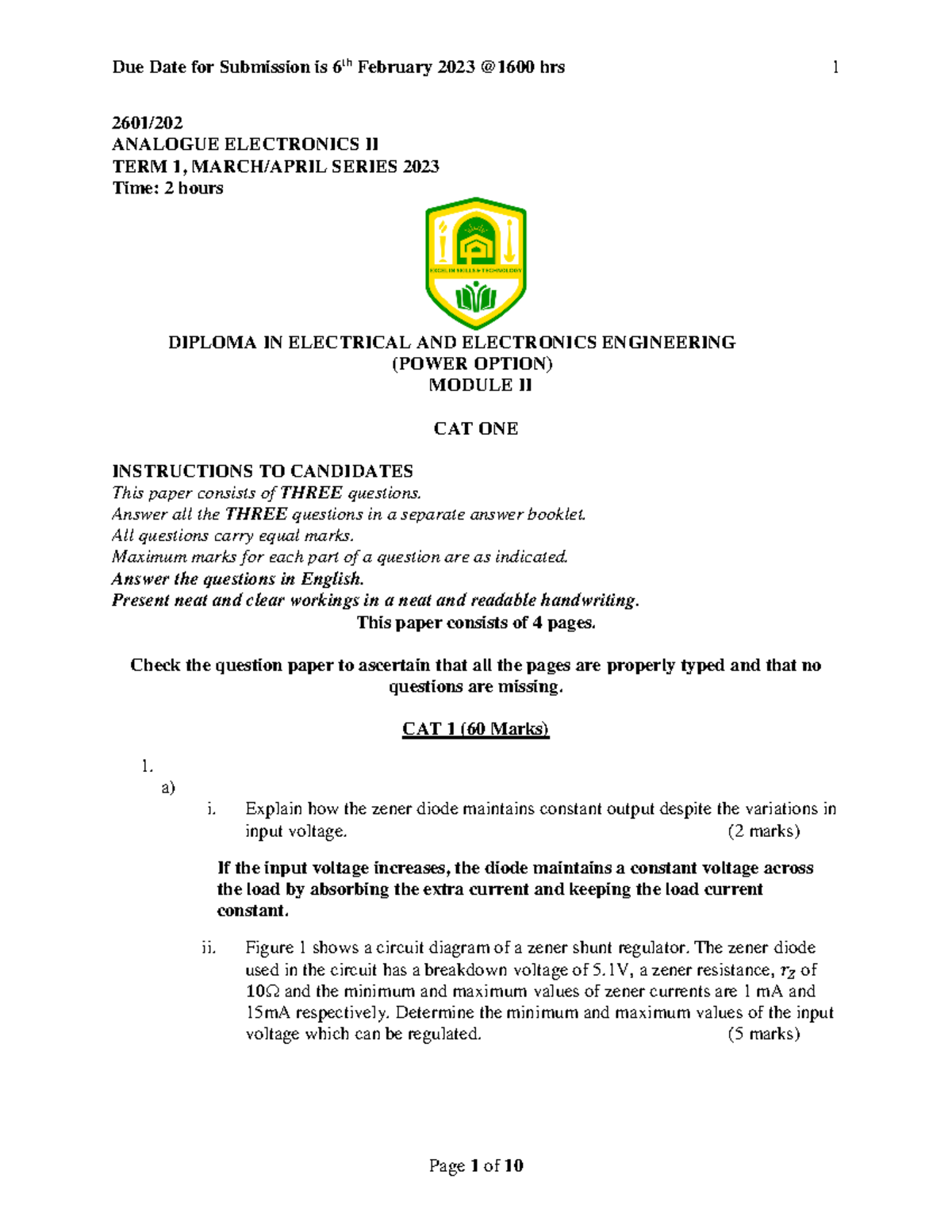 Analogue CAT 1 answers - notes - 2601/ ANALOGUE ELECTRONICS II TERM 1 ...
