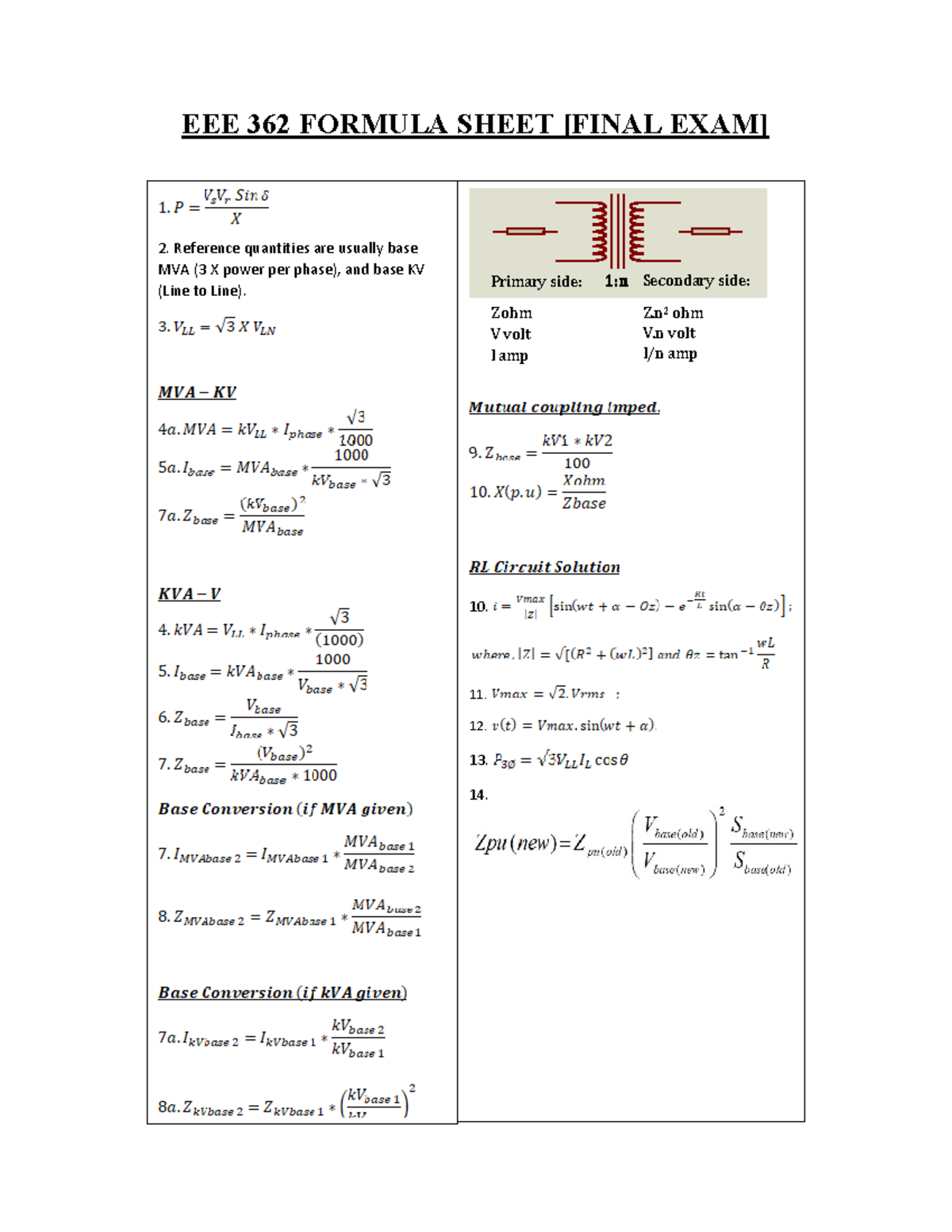 EEE362 formula sheet final SU2022 - Electrical Processing || - EEE 362 ...