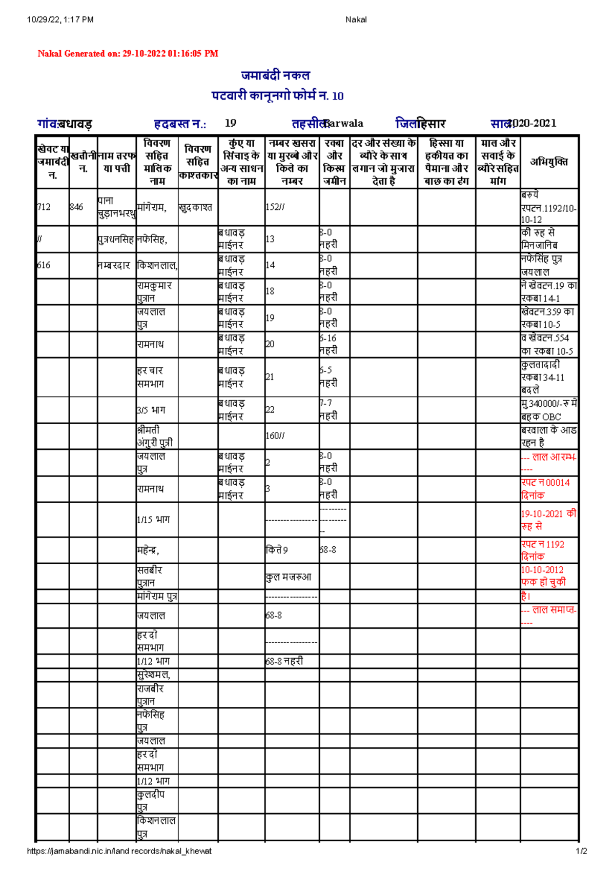 712 6 526+859+2 10/29/22, 117 PM Nakal jamabandi.nic/land records