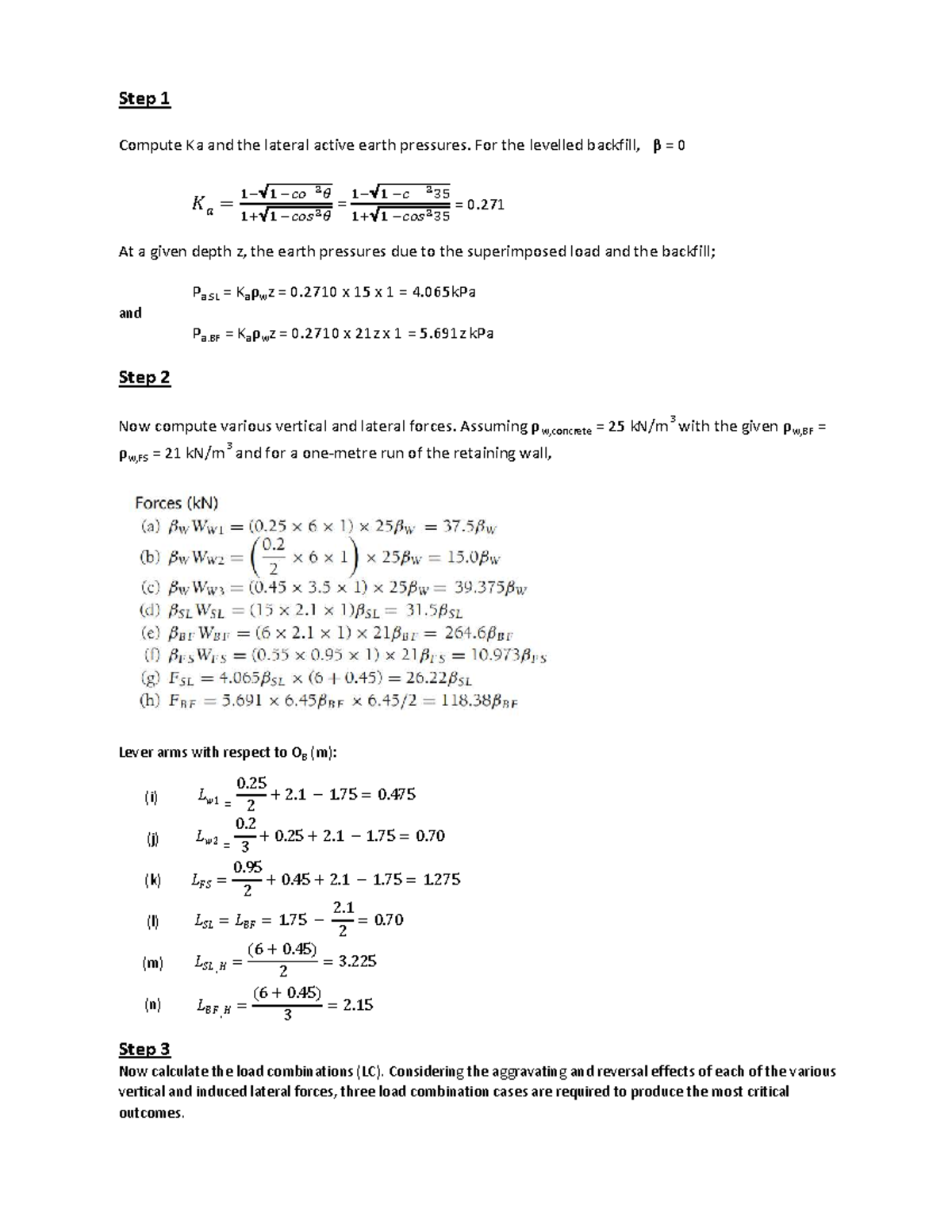 Retaining wall Example - Step 1 Compute Ka and the lateral active earth ...