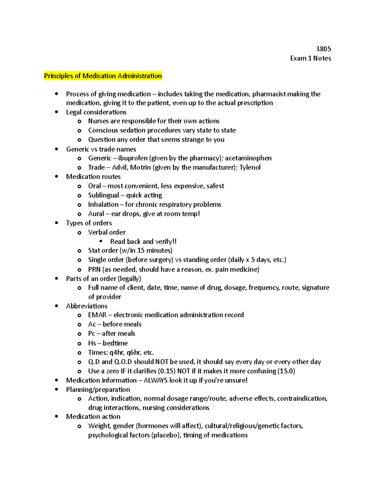 3805 Exam 1 notes - 3805 Exam 1 Notes Principles of Medication ...