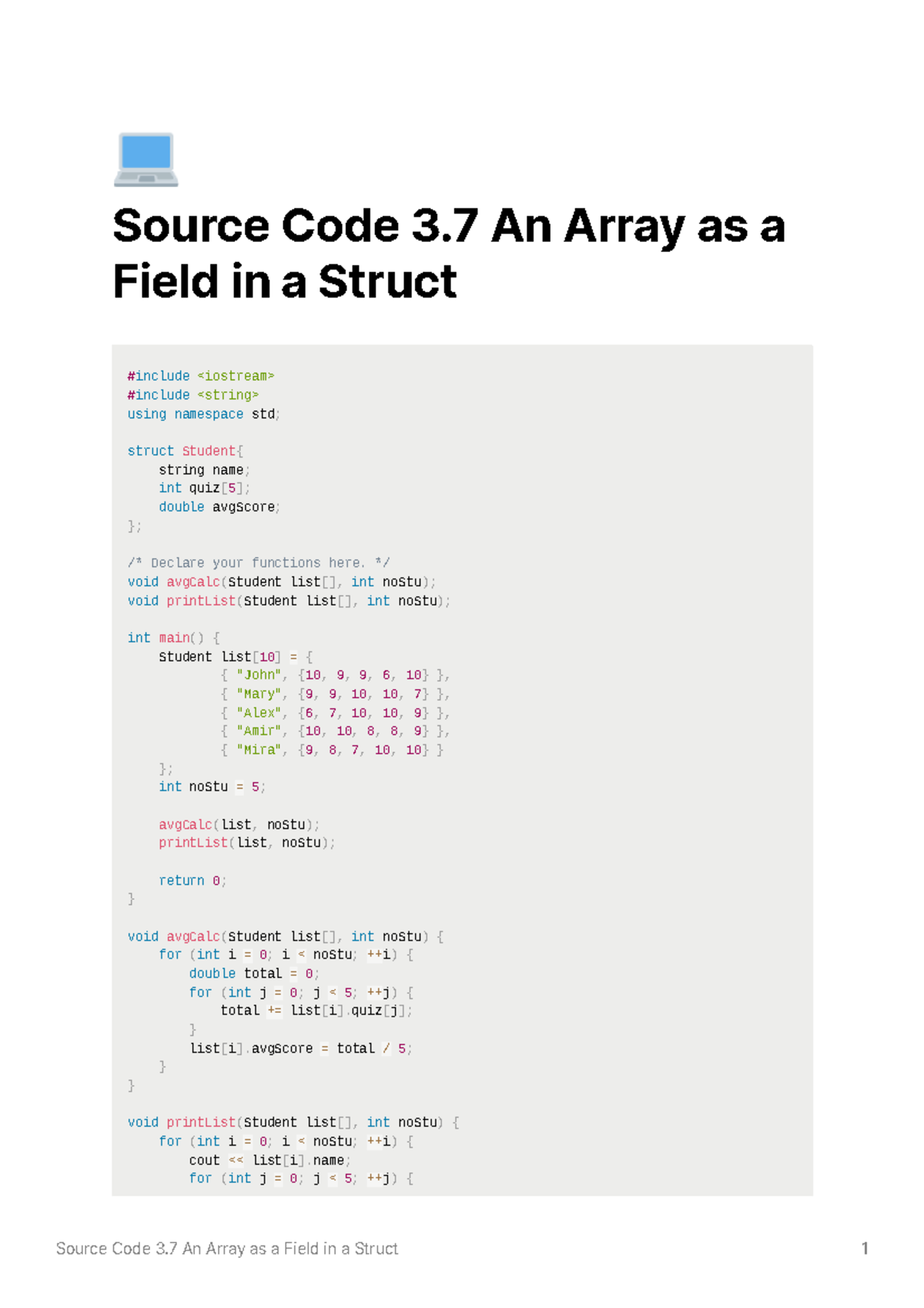 Source Code 3.7 An Array as a Field in a Struct - Source Code 3 An ...