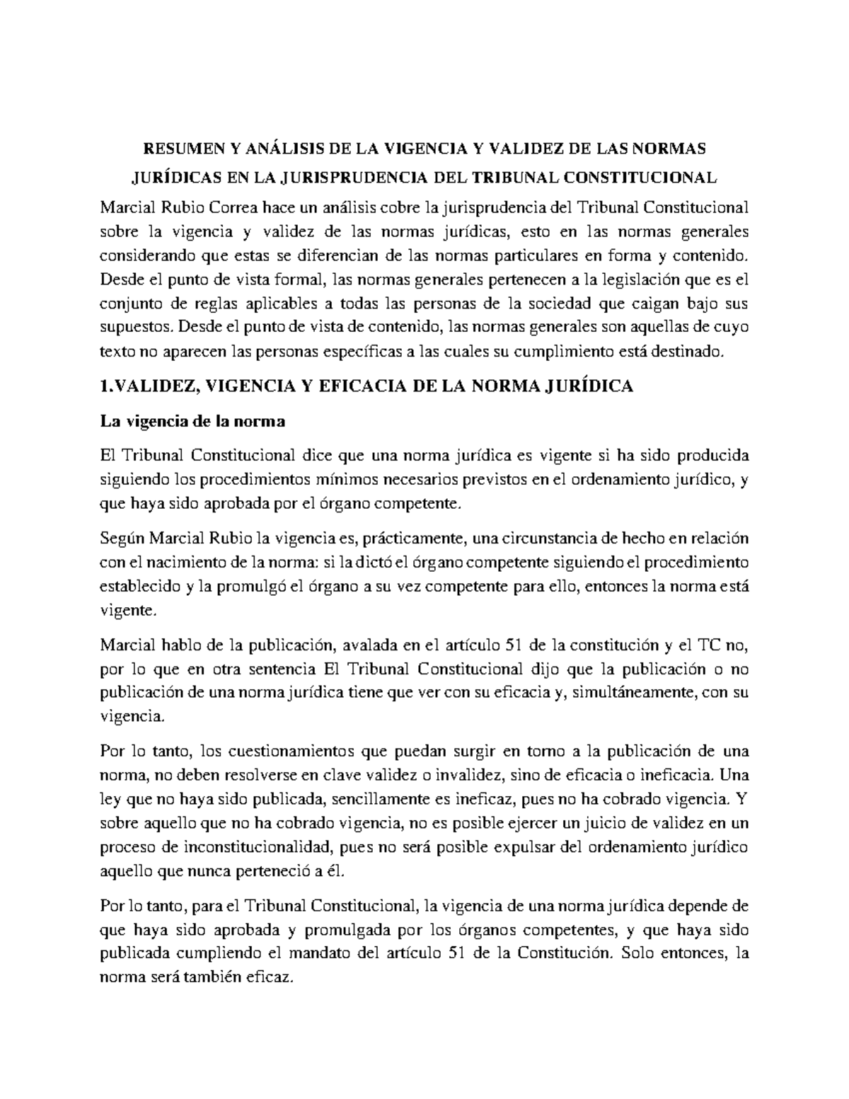 Resumen Y Análisis DE LA Vigencia Y Validez DE LAS Normas Jurídicas EN